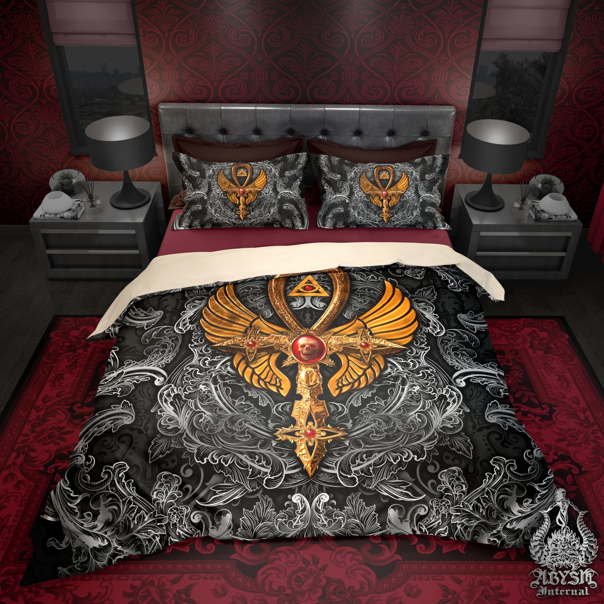 Gothic Comforter or Duvet, Dark Ankh Bed Cover, Goth Bedroom Decor, King, Queen & Twin Bedding Set - Black with Red, Gold or White, 3 Colors - Abysm Internal