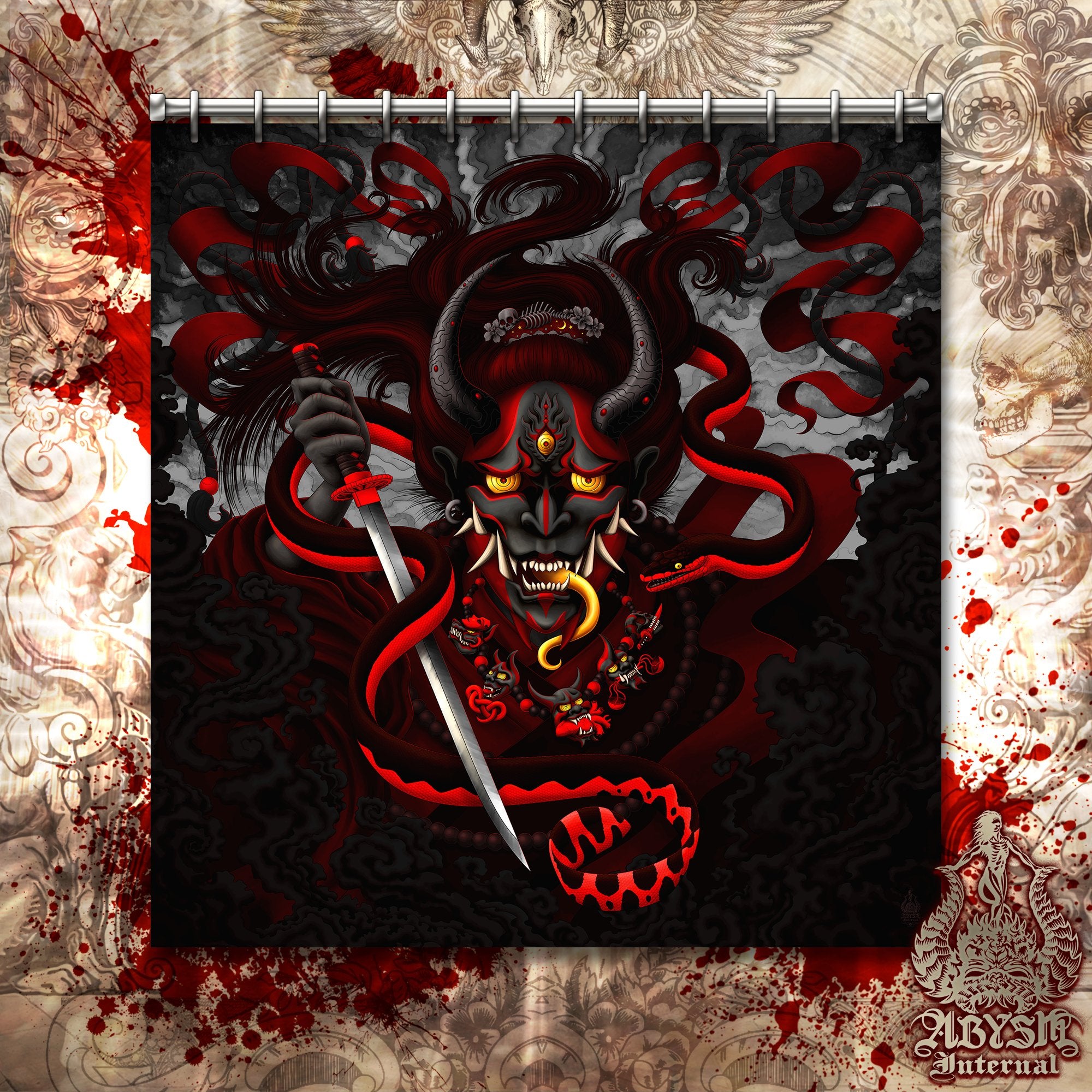 Gothic Demon Shower Curtain, 71x74 inches, Japanese Anime Bathroom Decor - Hannya and Snake, Red Black - Abysm Internal
