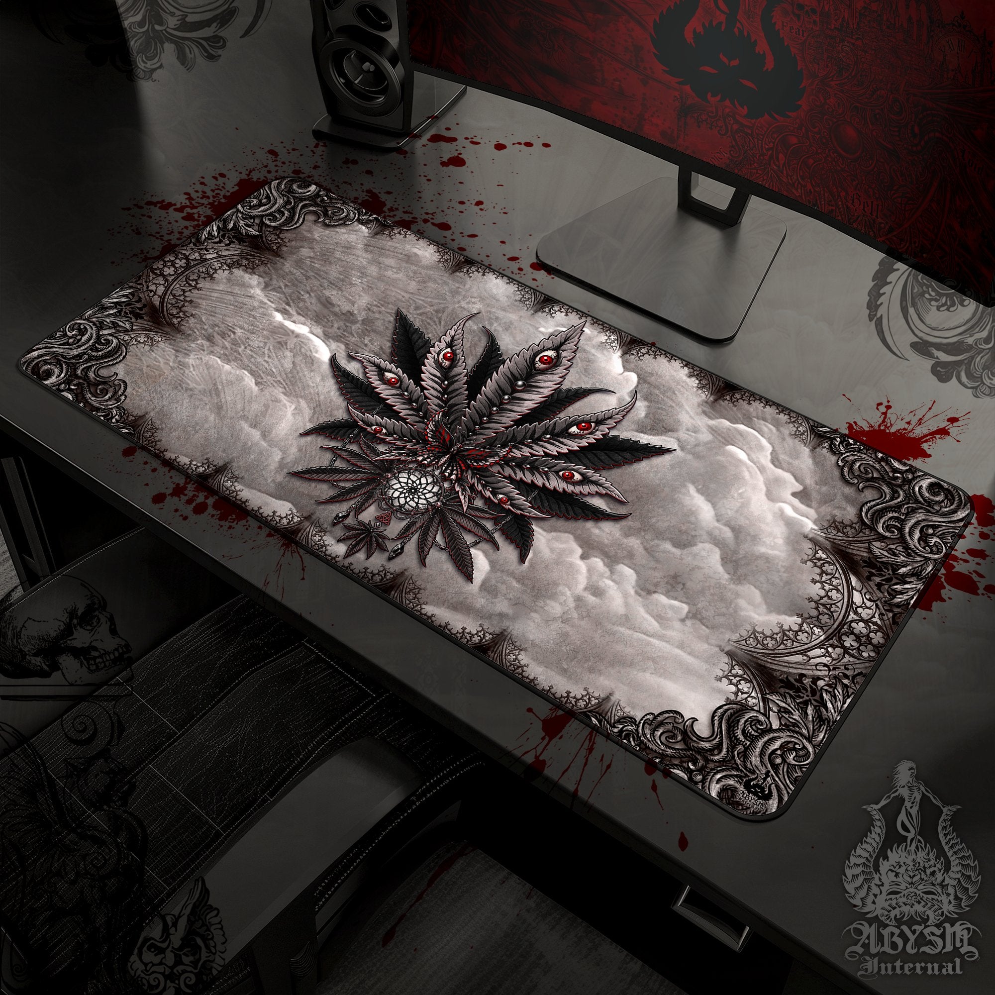 Gothic Desk Mat, Marijuana Gaming Mouse Pad, Cannabis Table Protector Cover, Weed Workpad, Horror 420 Art Print - Beige, Grey, 2 Colors - Abysm Internal
