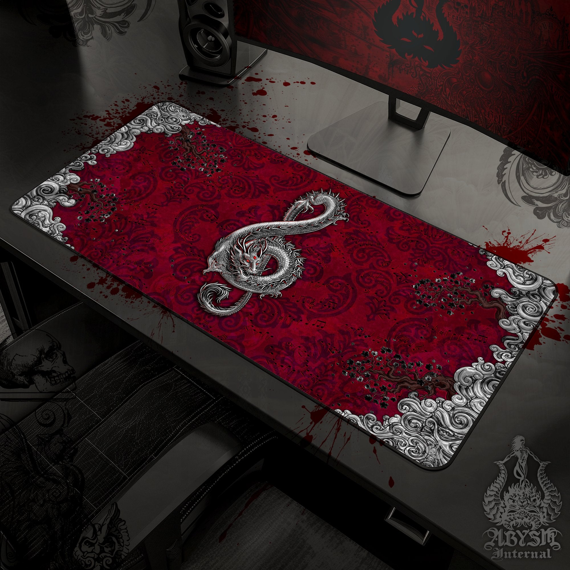 Gothic Dragon Mouse Pad, Music Gaming Desk Mat, Asian Workpad, Goth Fantasy Table Protector Cover, Treble Clef Art Print - Abysm Internal