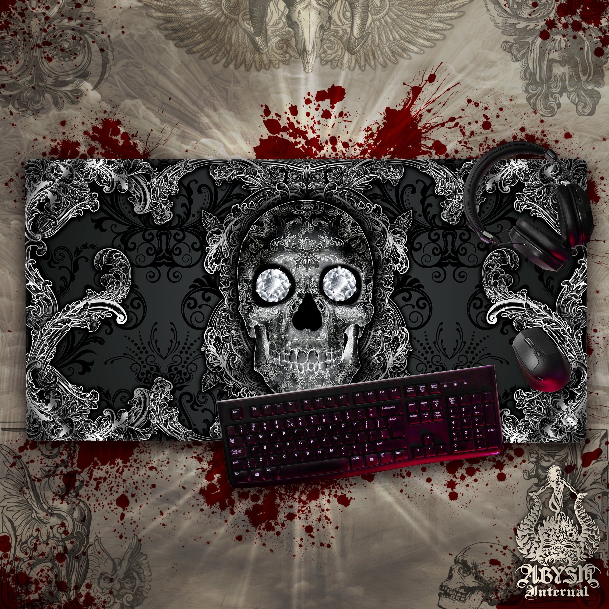 Gothic Gaming Desk Mat, Skull Mouse Pad, Nu Goth Table Protector Cover, Dark Workpad, Art Print - Abysm Internal