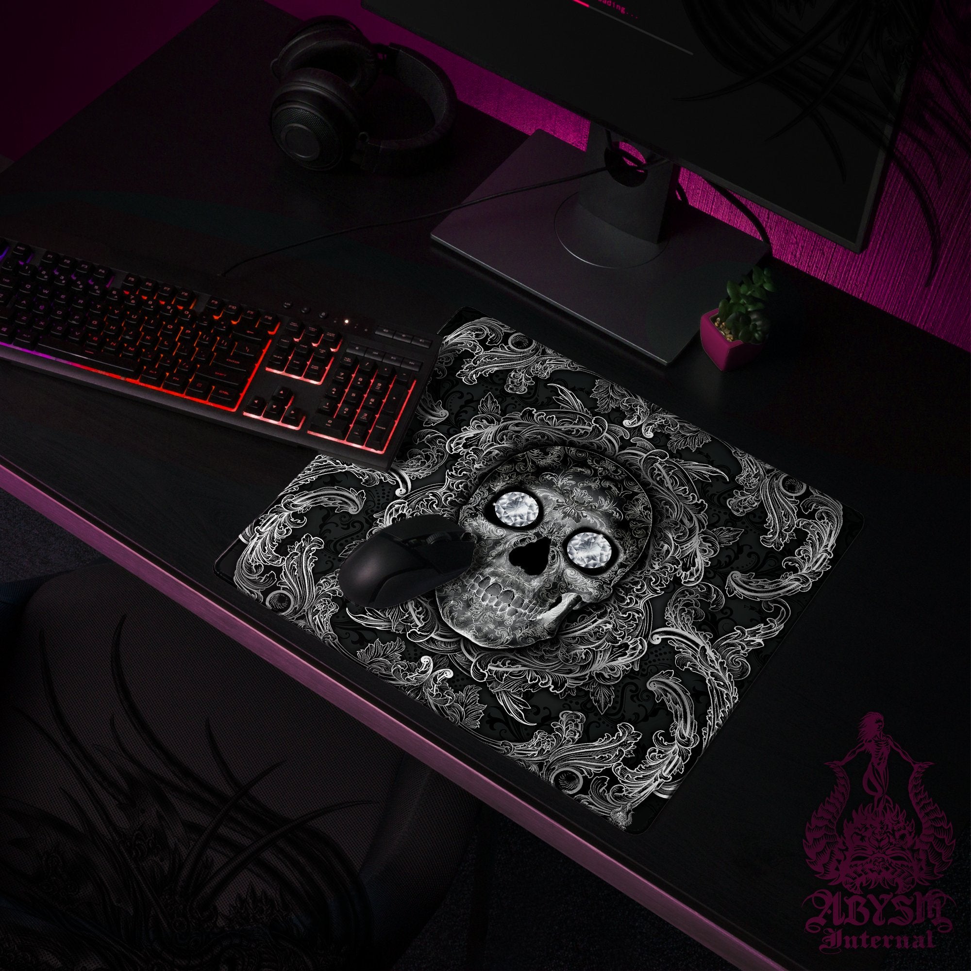 Gothic Gaming Desk Mat, Skull Mouse Pad, Nu Goth Table Protector Cover, Dark Workpad, Art Print - Abysm Internal