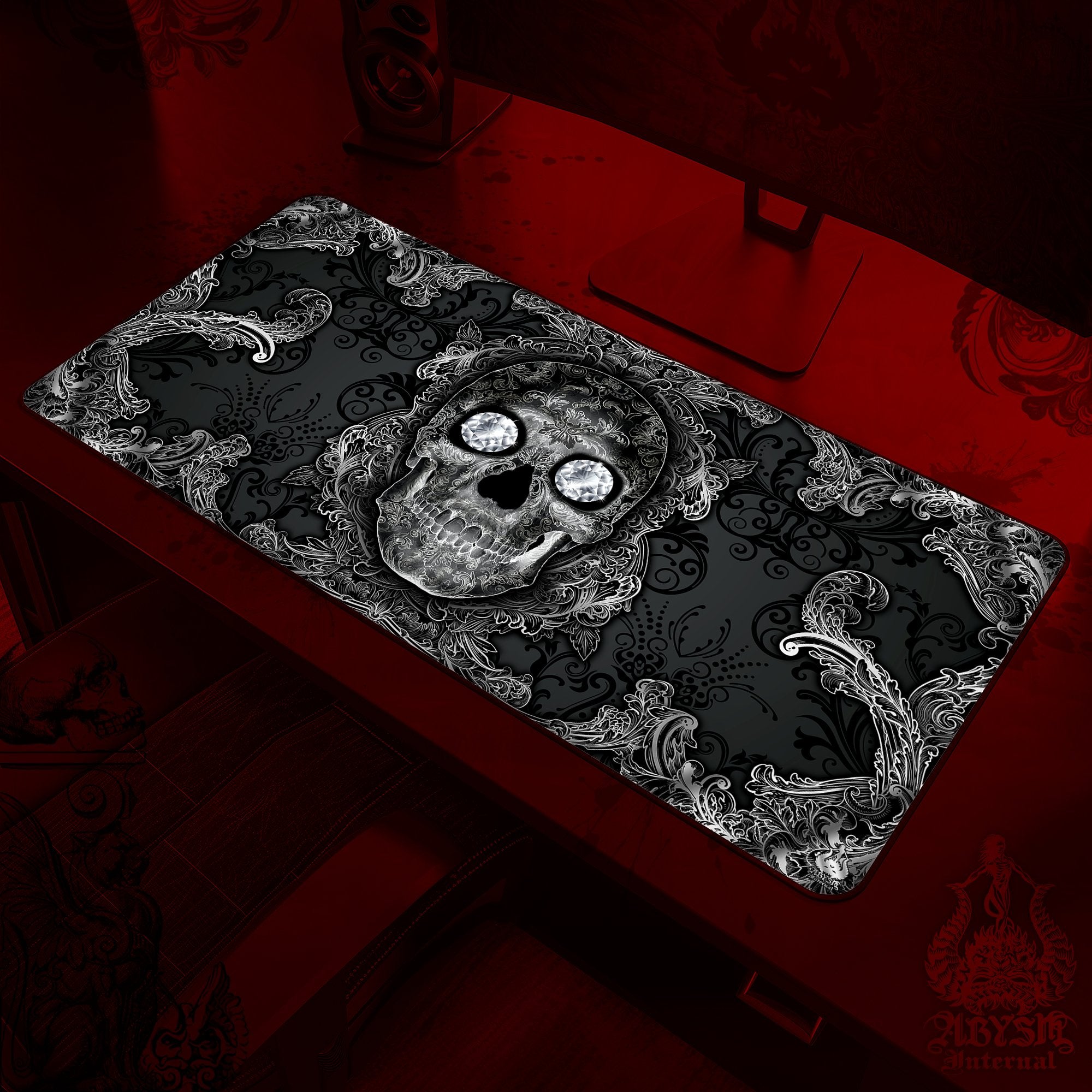 Gothic Gaming Desk Mat, Skull Mouse Pad, Nu Goth Table Protector Cover, Dark Workpad, Art Print - Abysm Internal
