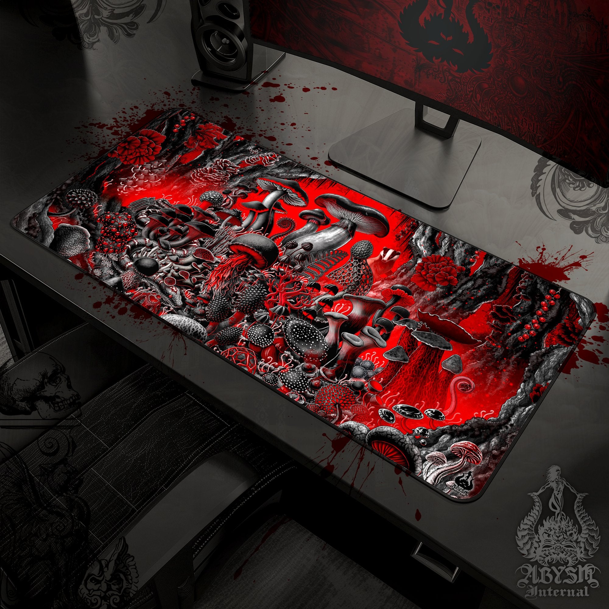 Gothic Gaming Mouse Pad, Bloody Goth Mushrooms Desk Mat, Black and Red Table Protector Cover, Magic Forest Workpad - Abysm Internal