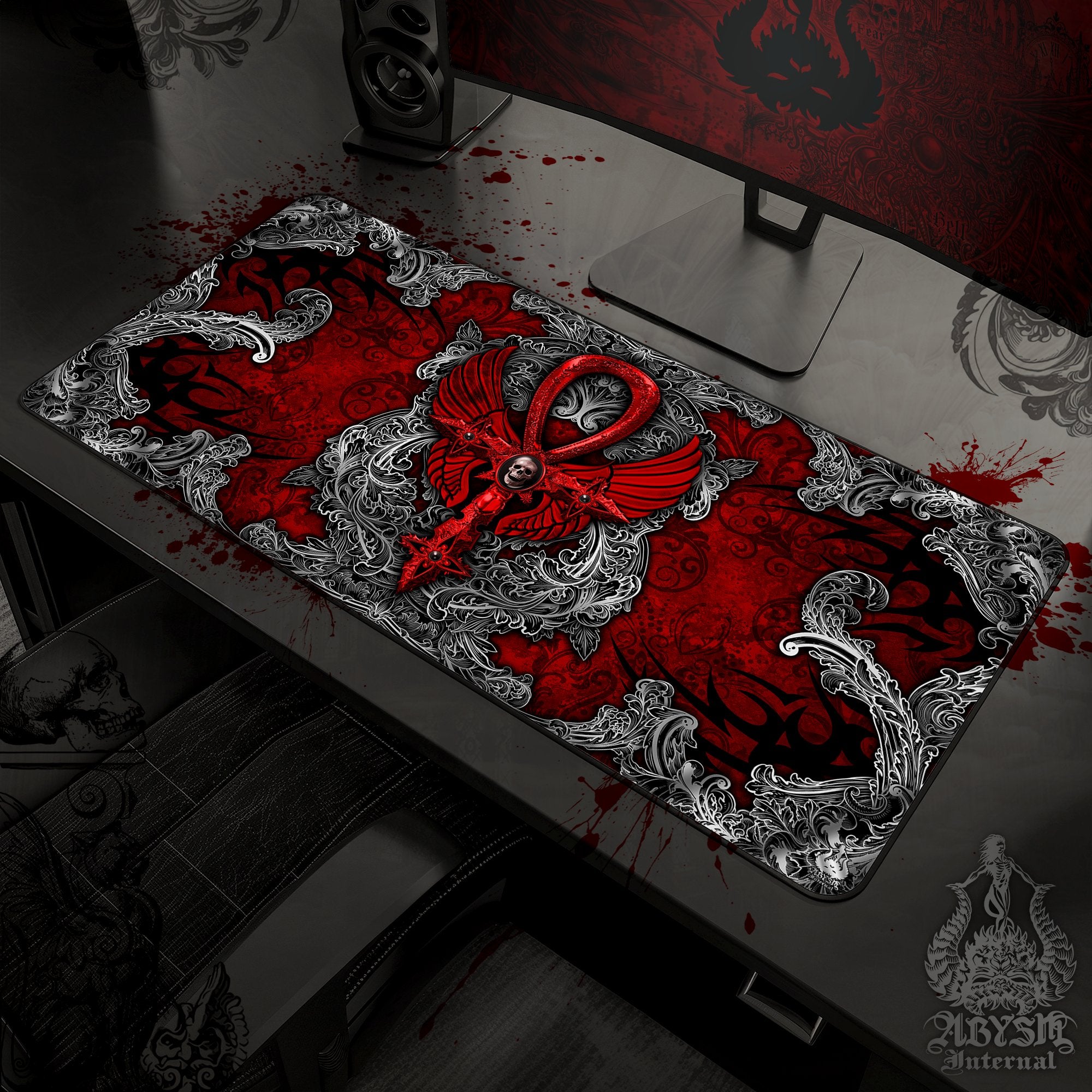Gothic Gaming Mouse Pad, Goth Desk Mat, Silver Ankh Table Protector Cover, Black and Red Workpad, Dark Art Print - 2 Colors - Abysm Internal