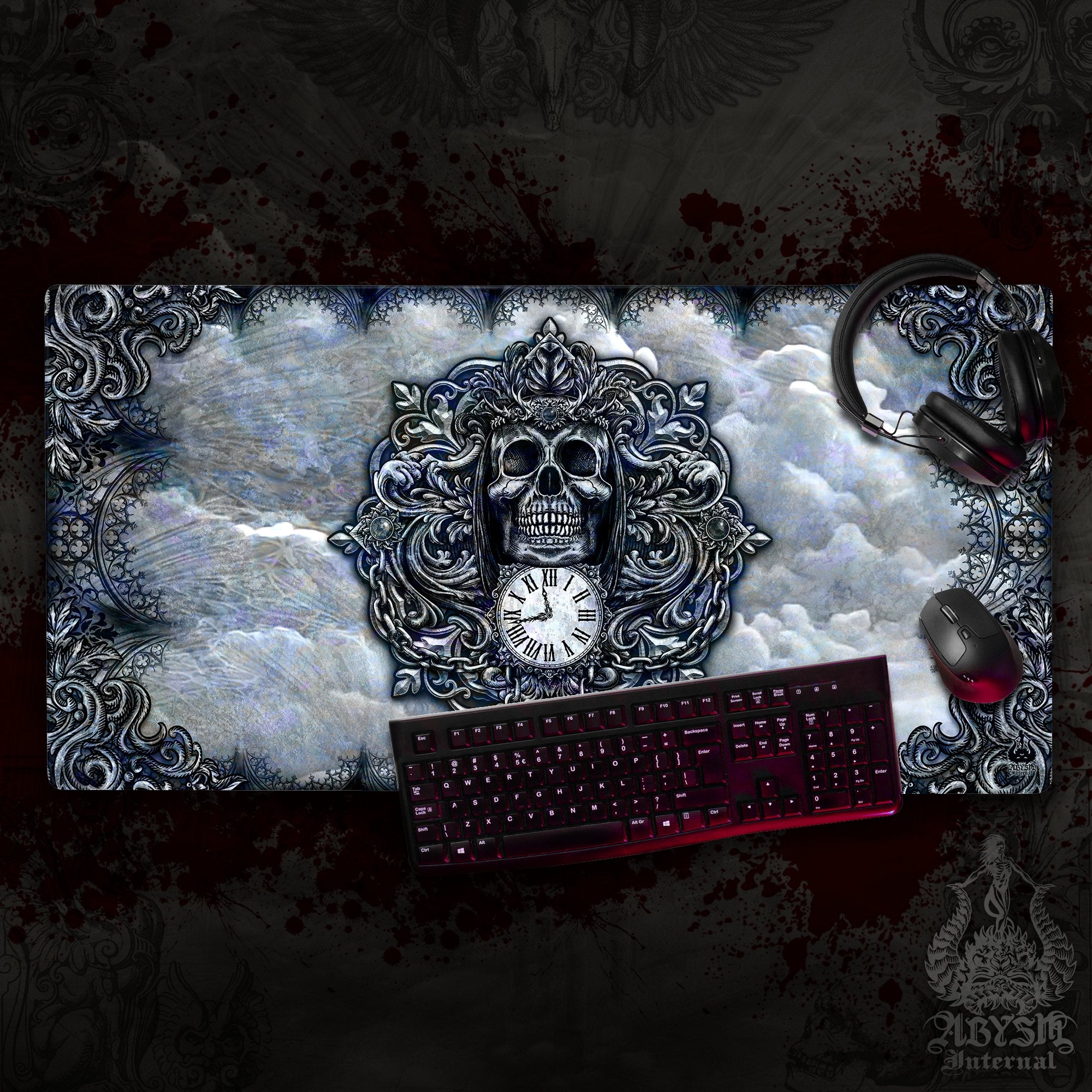 Gothic Gaming Mouse Pad, Grim Reaper Skull Desk Mat, Goth Table Protector Cover, Memento Mori Workpad, Dark Fantasy Art Print - 3 Colors - Abysm Internal