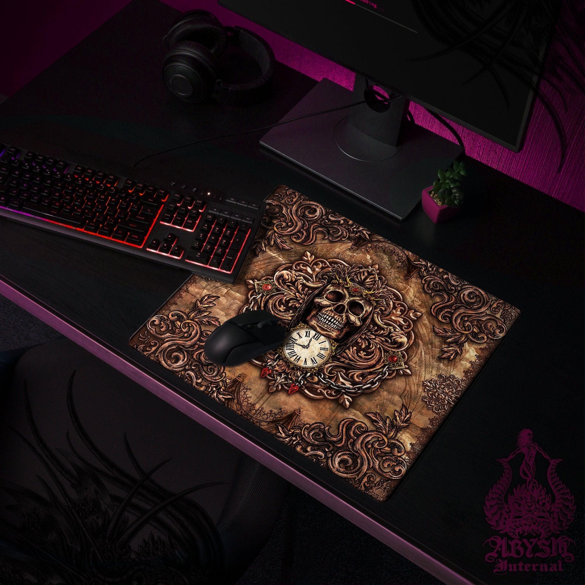 Gothic Gaming Mouse Pad, Grim Reaper Skull Desk Mat, Goth Table Protector Cover, Memento Mori Workpad, Dark Fantasy Art Print - 3 Colors - Abysm Internal