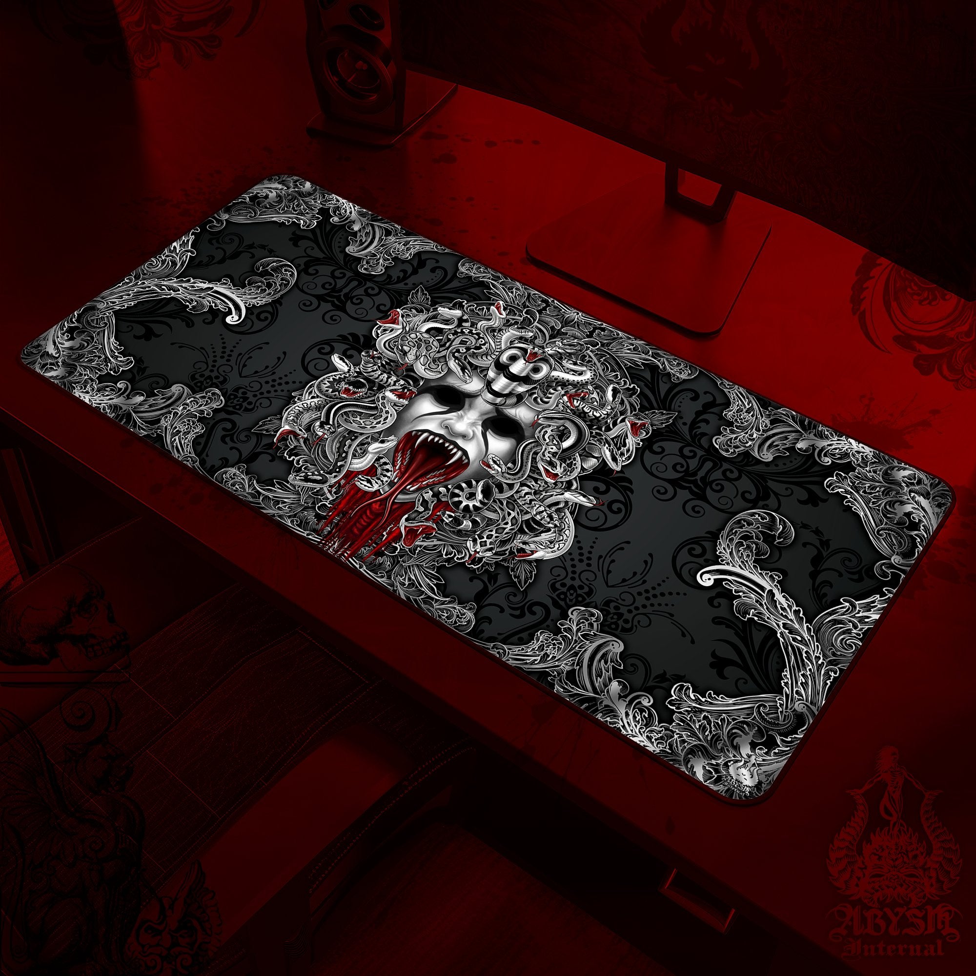 Gothic Gaming Mouse Pad, Medusa Skull Desk Mat, Gamer Table Protector Cover, Nu Goth Workpad, Dark Fantasy Art Print - 3 Colors, 2 Faces - Abysm Internal