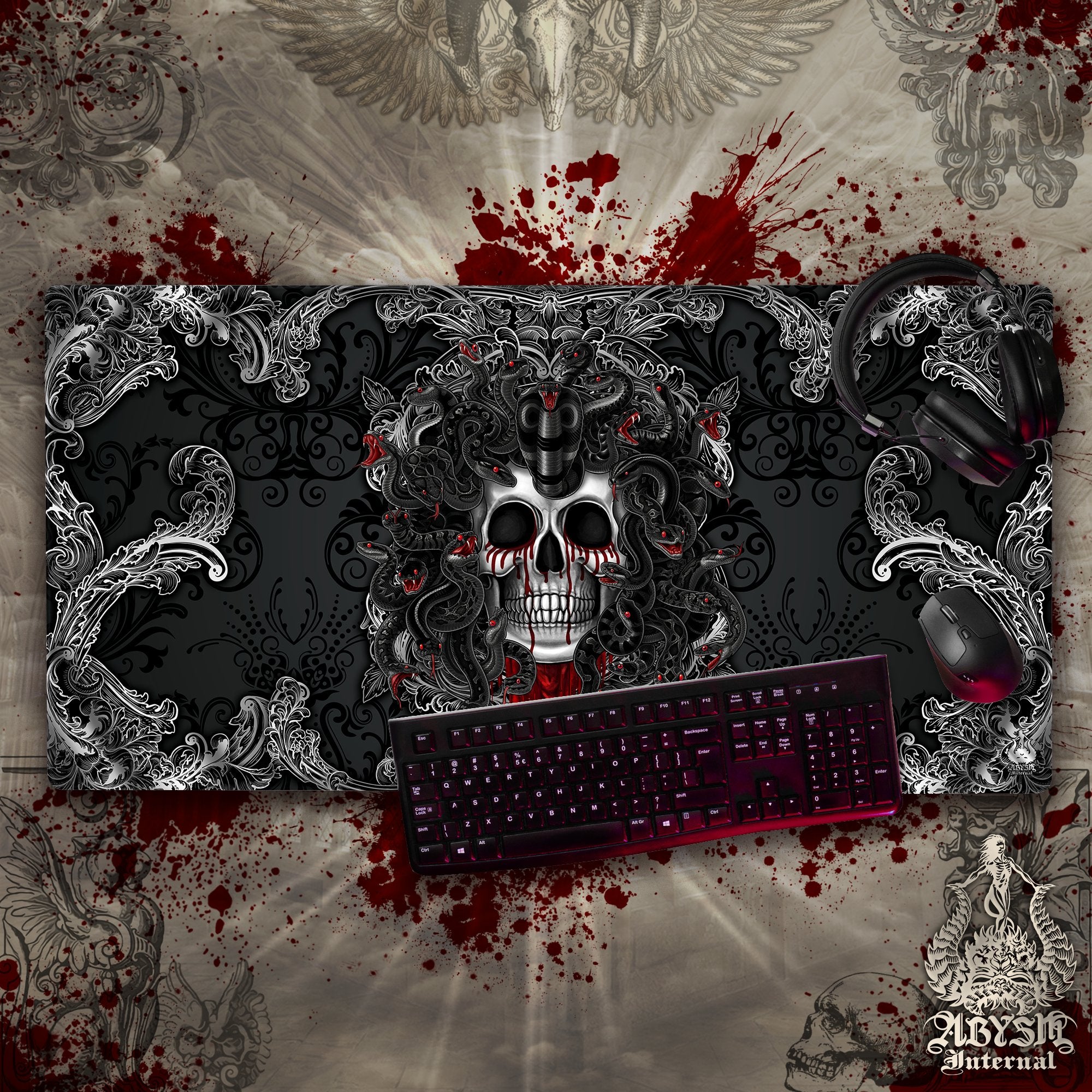 Gothic Gaming Mouse Pad, Medusa Skull Desk Mat, Gamer Table Protector Cover, Nu Goth Workpad, Dark Fantasy Art Print - 3 Colors, 2 Faces - Abysm Internal