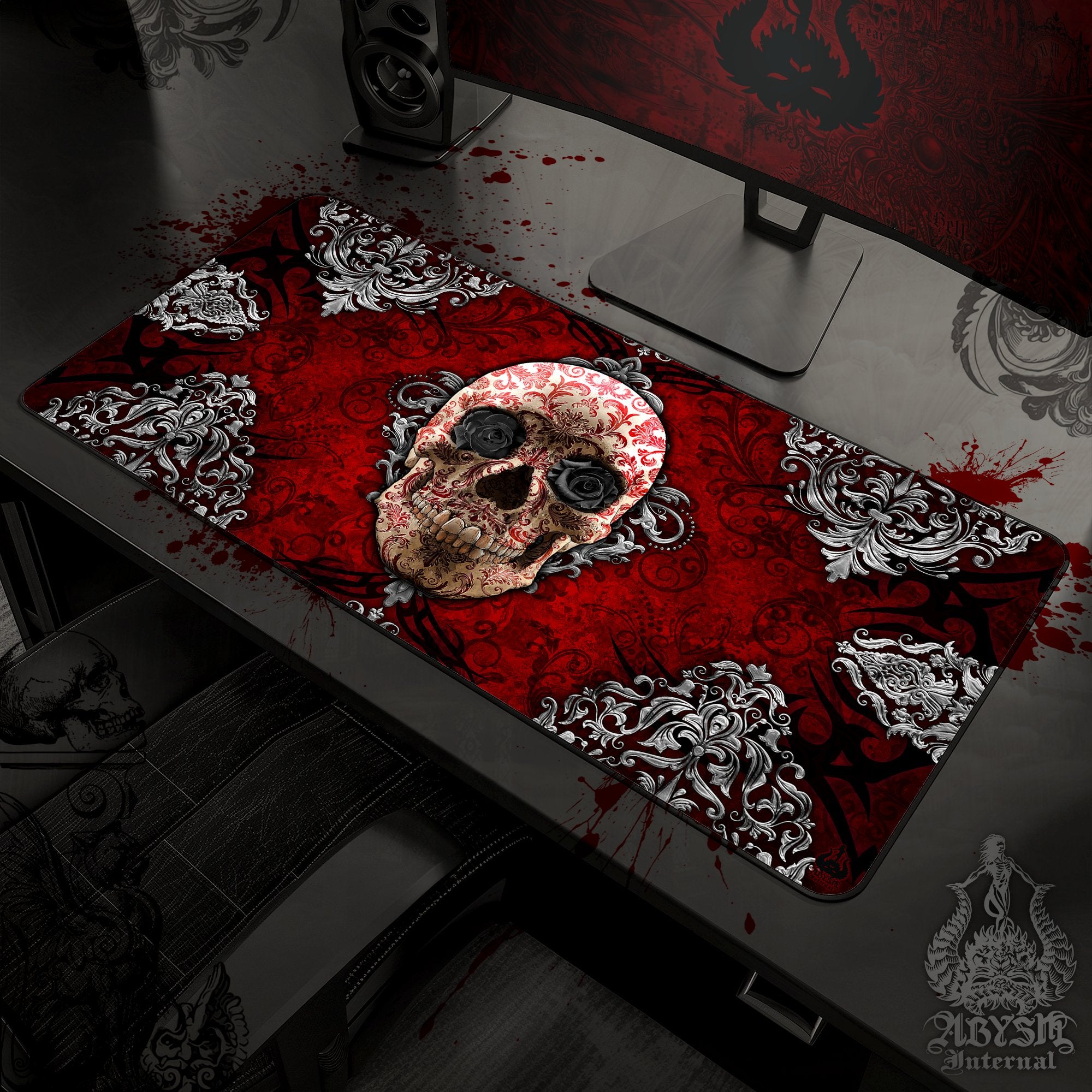 Gothic Gaming Mouse Pad, Skull Desk Mat, Black Roses Table Protector Cover, Goth Workpad, Art Print - Abysm Internal