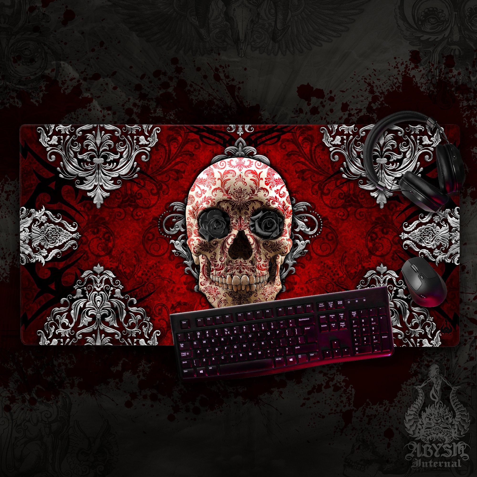 Gothic Gaming Mouse Pad, Skull Desk Mat, Black Roses Table Protector Cover, Goth Workpad, Art Print - Abysm Internal