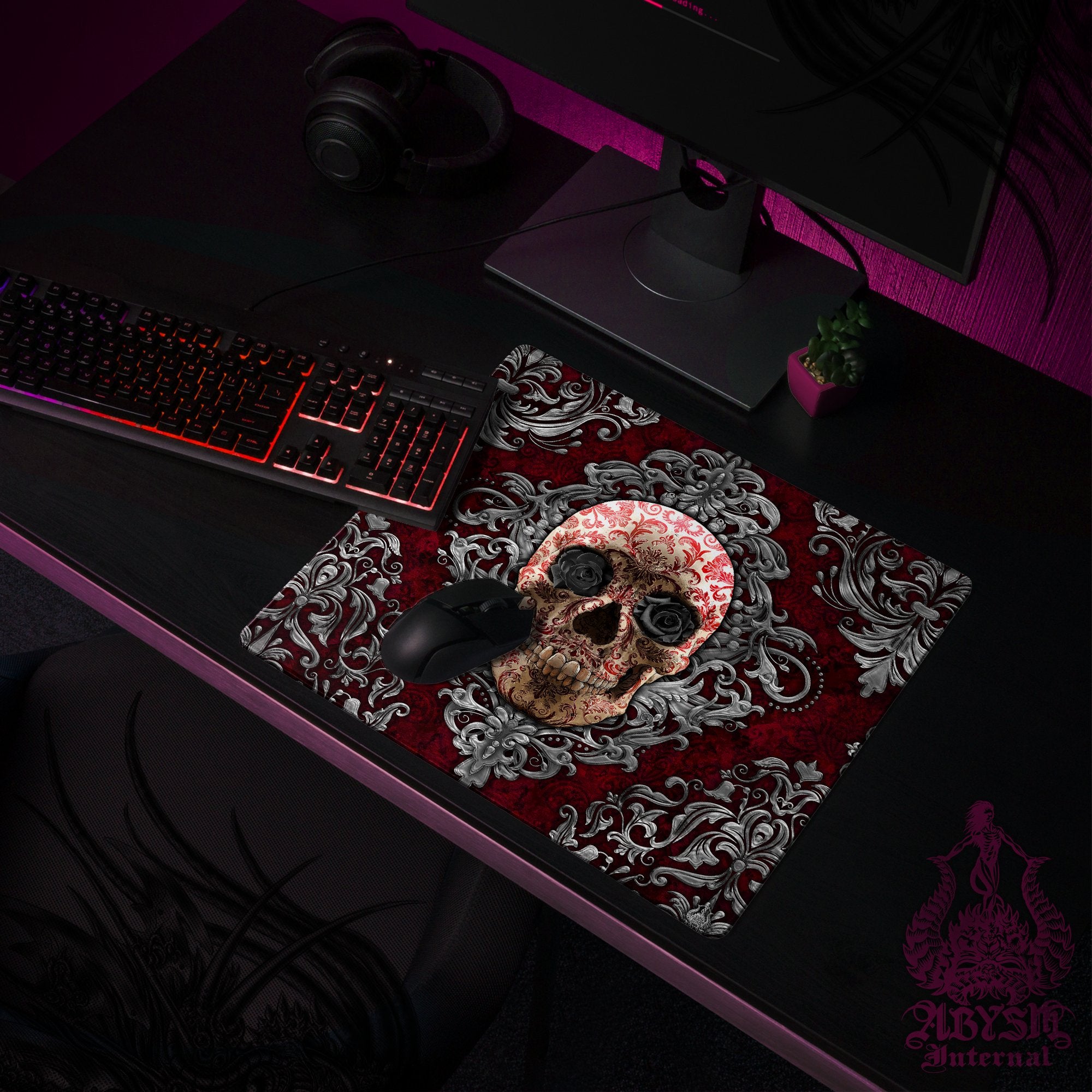 Gothic Gaming Mouse Pad, Skull Desk Mat, Black Roses Table Protector Cover, Goth Workpad, Art Print - Abysm Internal