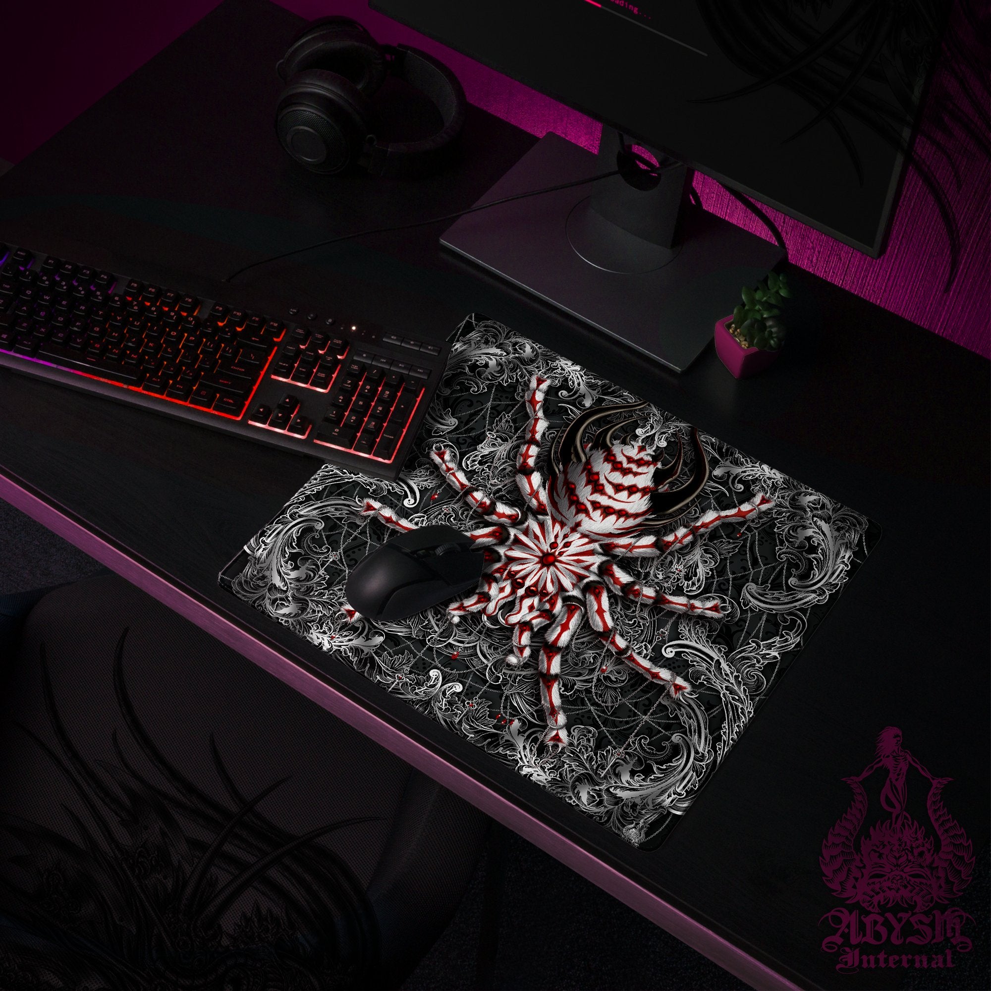 Gothic Gaming Mouse Pad, Spider Desk Mat, Goth Gamer Table Protector Cover, Halloween Workpad, Dark Tarantula Art Print - Abysm Internal