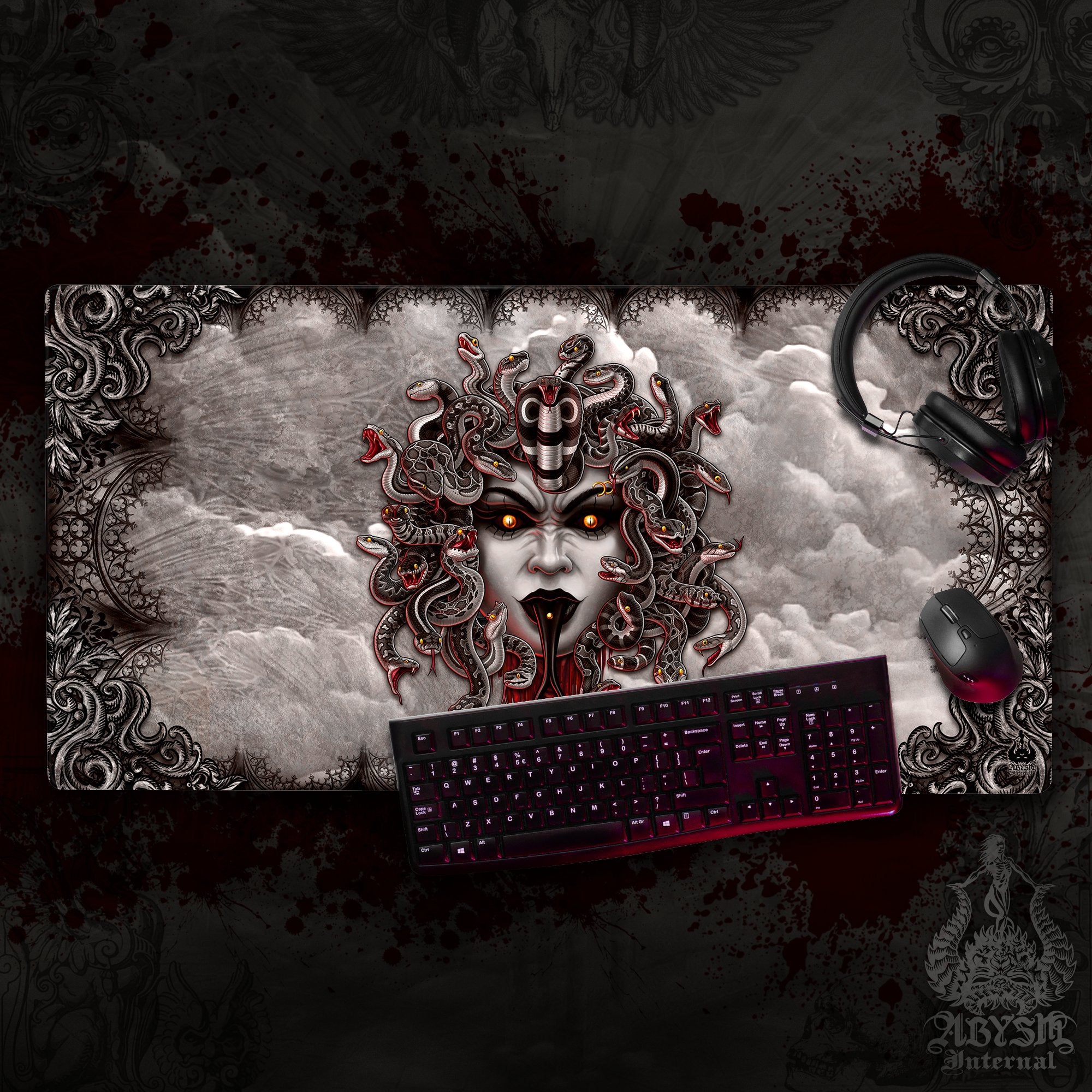 Gothic Horror Gaming Desk Mat, Medusa Mouse Pad, Skull Table Protector Cover, Goth Workpad, Dark Fantasy Art Print - Grey, 4 Face Options - Abysm Internal