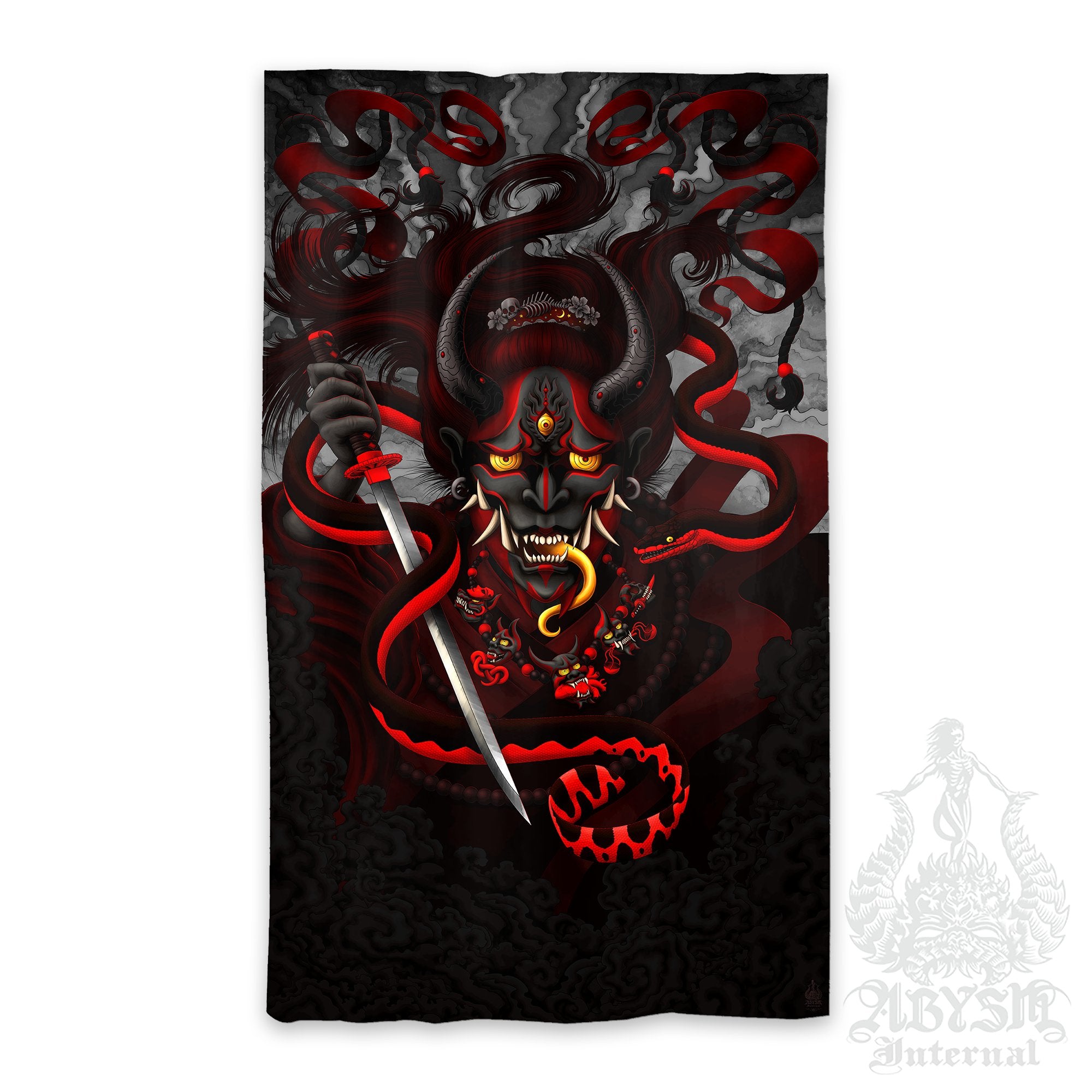 Gothic Japanese Demon Curtains, 50x84' Printed Window Panels, Hannya and Snake, Dark Fantasy Decor, Goth Anime and Game Room Art Print - Black Red - Abysm Internal