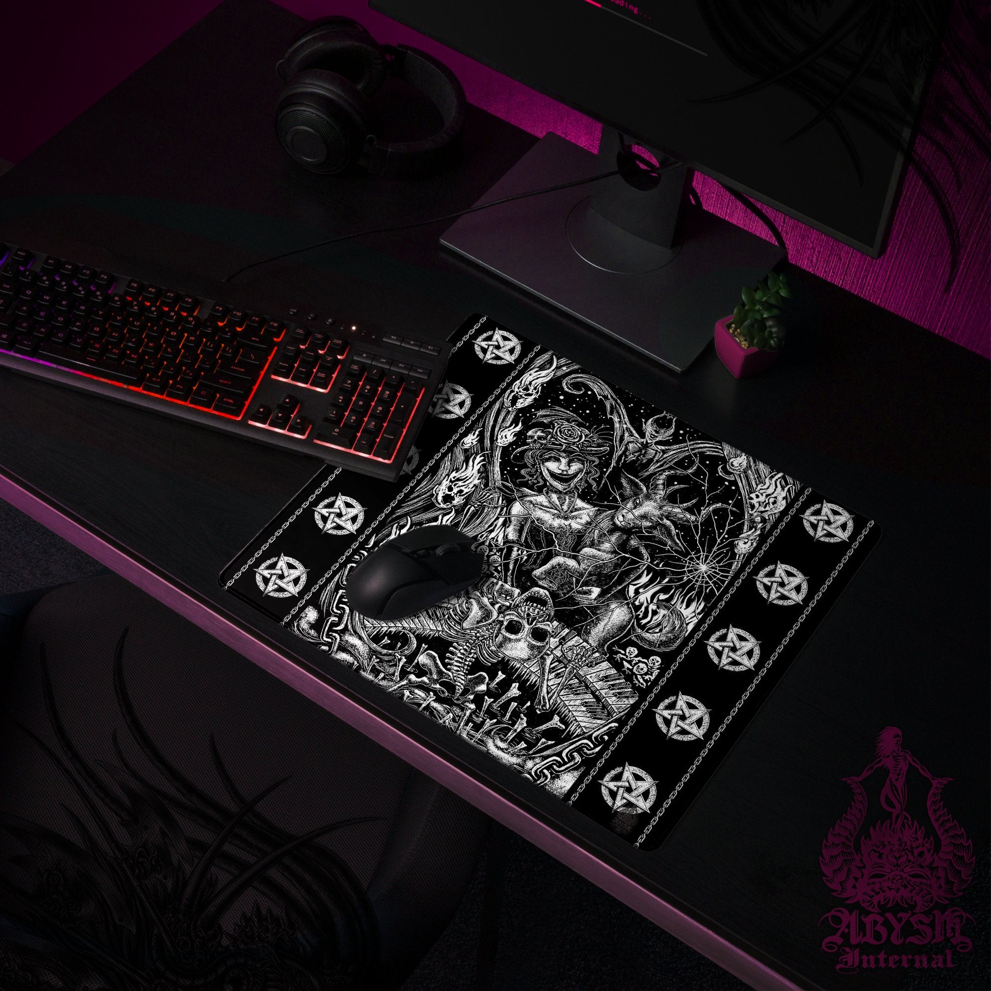 Gothic Mouse Pad, Goth Hell Gaming Desk Mat, Pentagrams Workpad, Satanic Table Protector Cover, Dark Fantasy Art Print - Merry - Abysm Internal