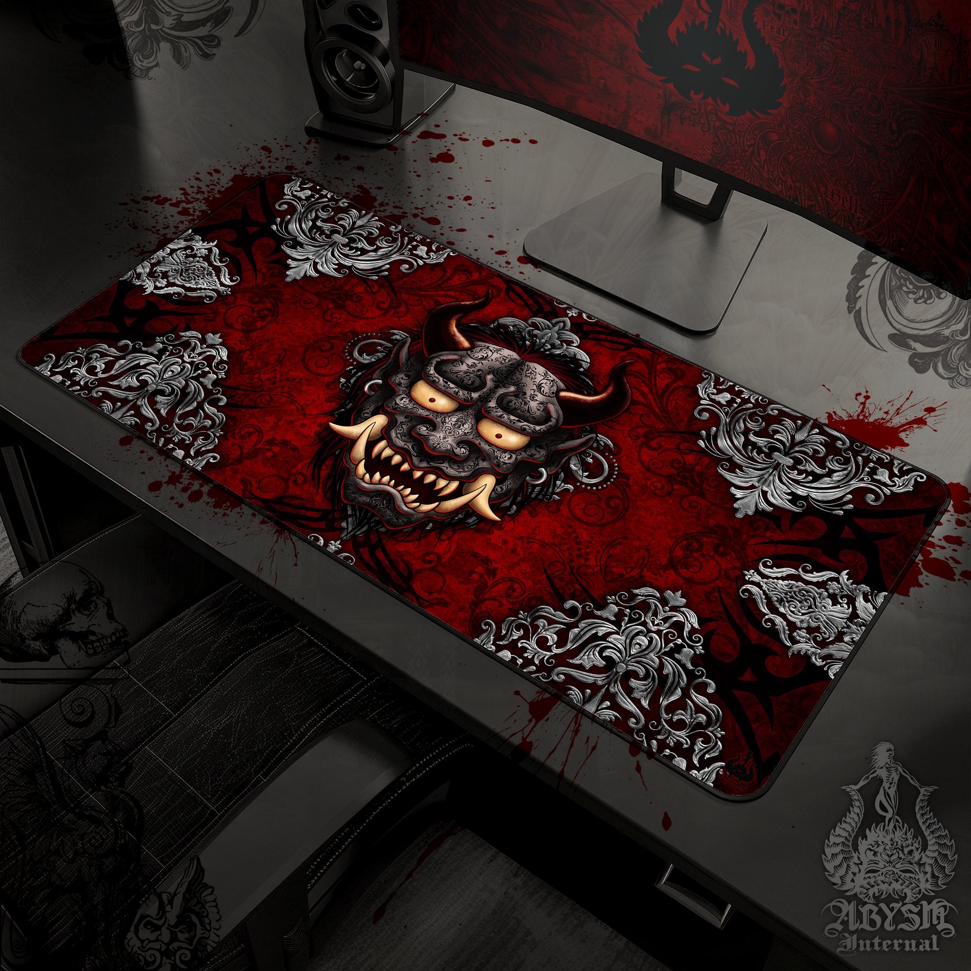 Gothic Oni Desk Mat, Japanese Demon Gaming Mouse Pad, Gamer Table Protector Cover, Goth Workpad, Anime Yokai Art Print - Abysm Internal