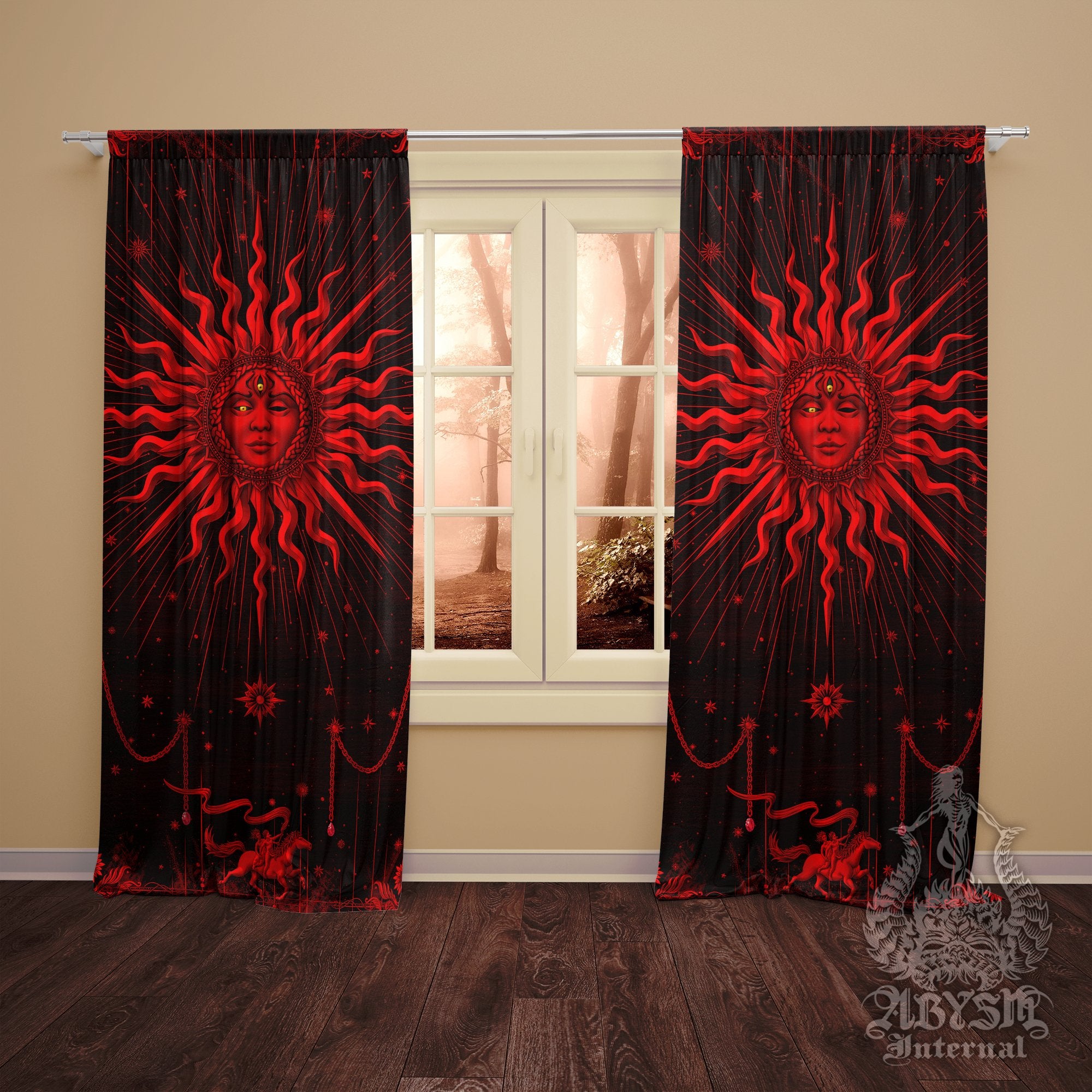 Gothic Sun Curtains, 50x84' Printed Window Panels, Bloody Goth Home Decor, Tarot Arcana, Esoteric Art Print - Black Red - Abysm Internal