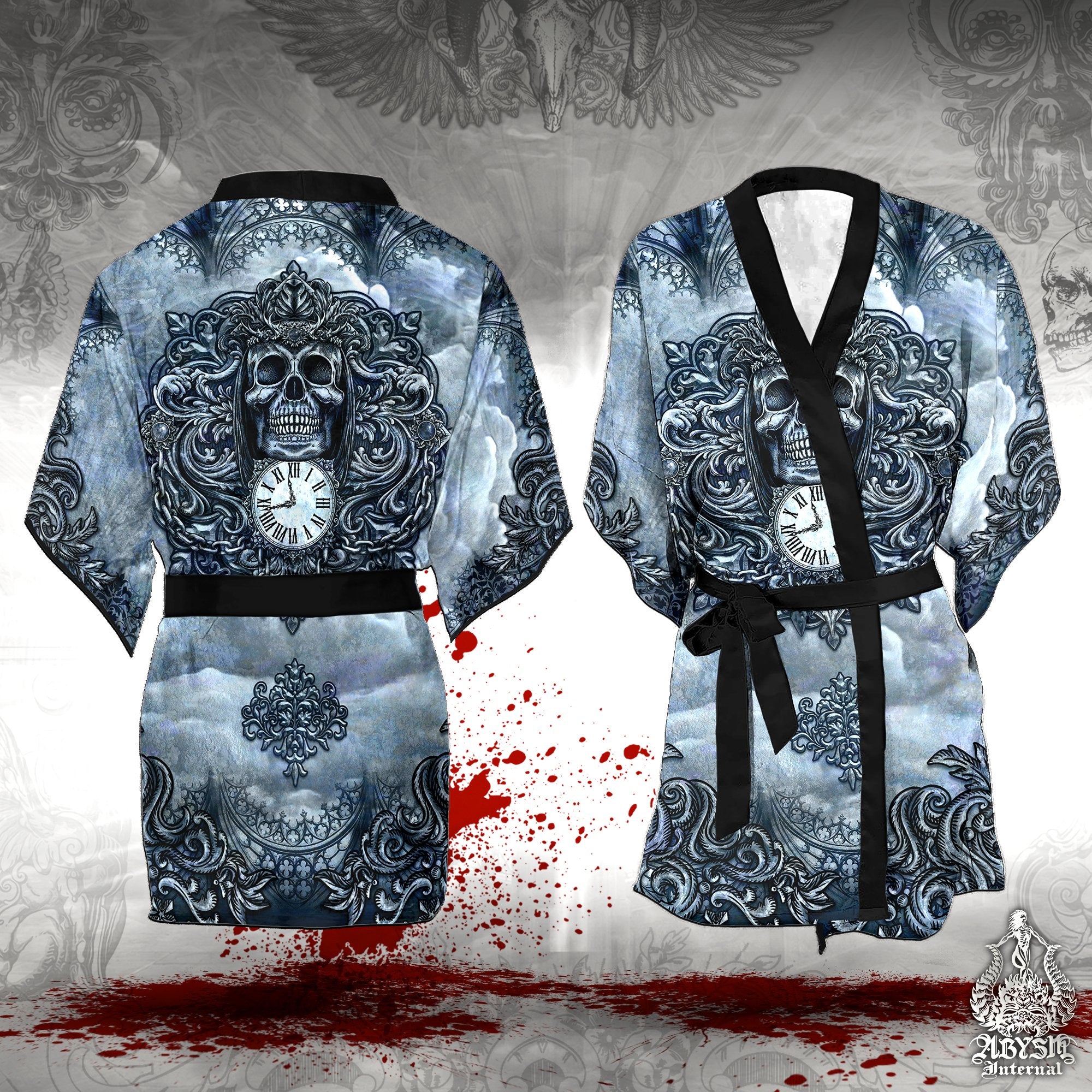 Grim Reaper Short Kimono Robe, Beach Party Outfit, Memento Mori Coverup, Gothic Summer Festival, Goth Alternative Clothing, Unisex - Skull Art, Beige, Grey and Blue, 3 Colors - Abysm Internal