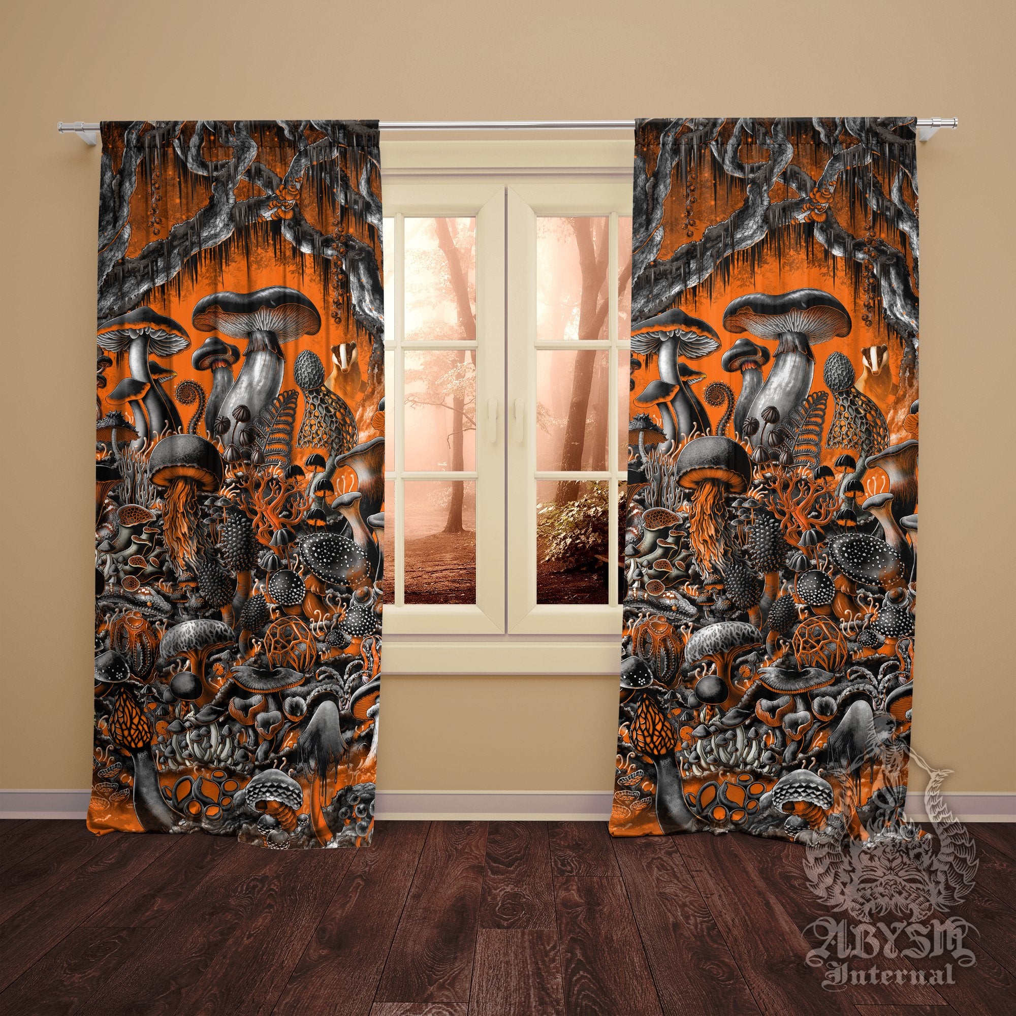 Halloween Curtains, 50x84' Printed Window Panels, Mushrooms Art Print, Home and Room Decor - Orange Magic Shrooms - Abysm Internal