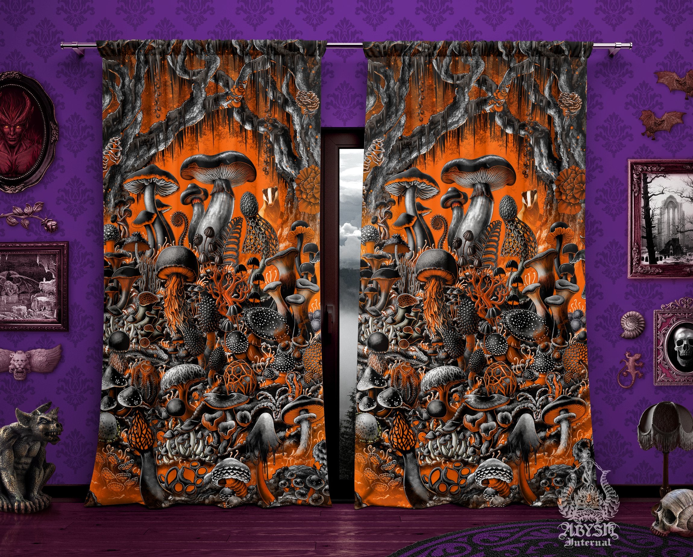 Halloween Curtains, 50x84' Printed Window Panels, Mushrooms Art Print, Home and Room Decor - Orange Magic Shrooms - Abysm Internal