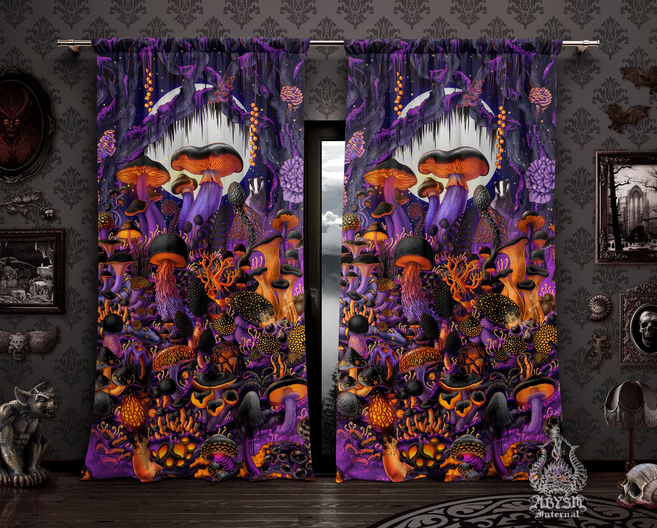 Halloween Curtains, 50x84' Printed Window Panels, Purple Goth Mushrooms Art Print, Home and Room Decor - Magic Shrooms - Abysm Internal