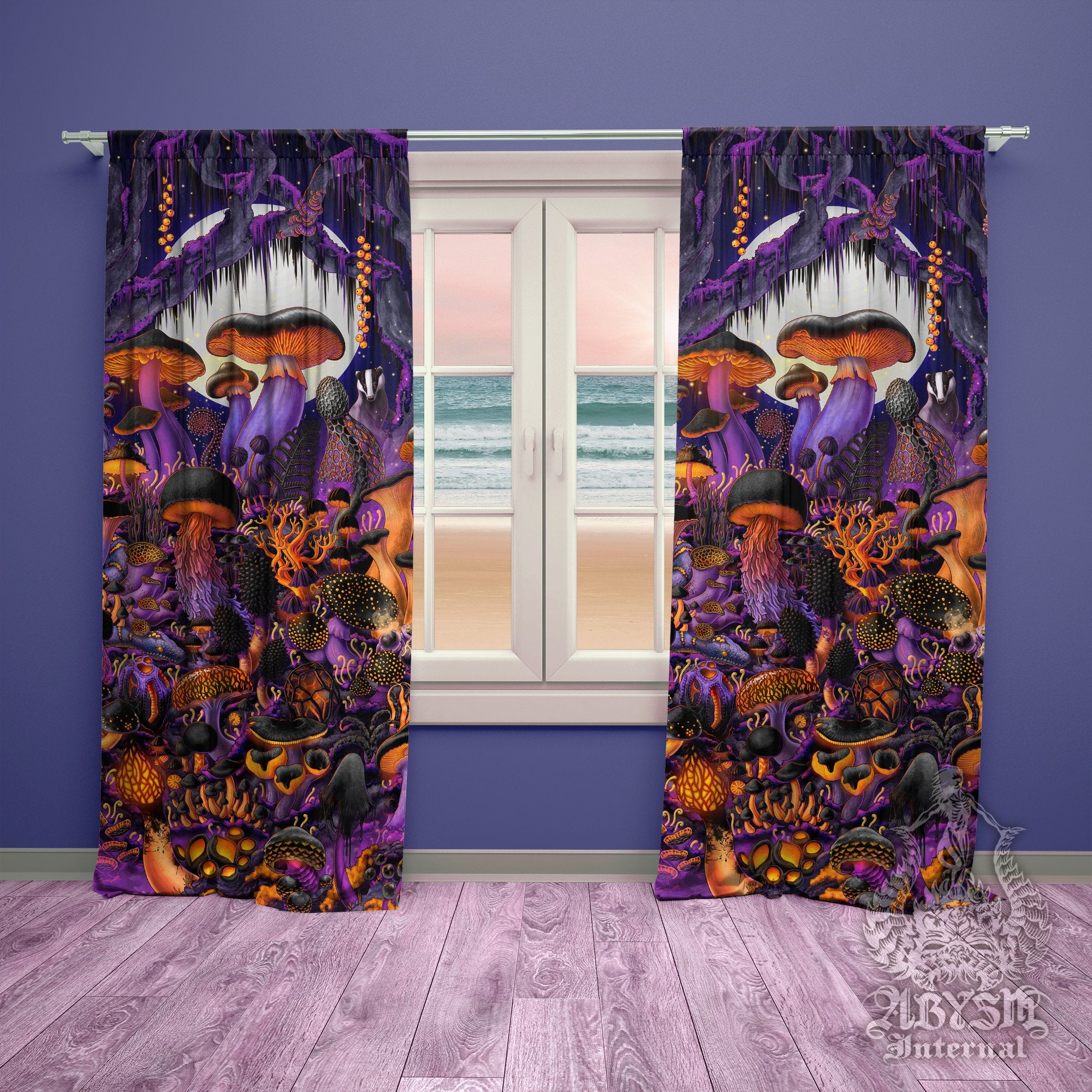 Halloween Curtains, 50x84' Printed Window Panels, Purple Goth Mushrooms Art Print, Home and Room Decor - Magic Shrooms - Abysm Internal