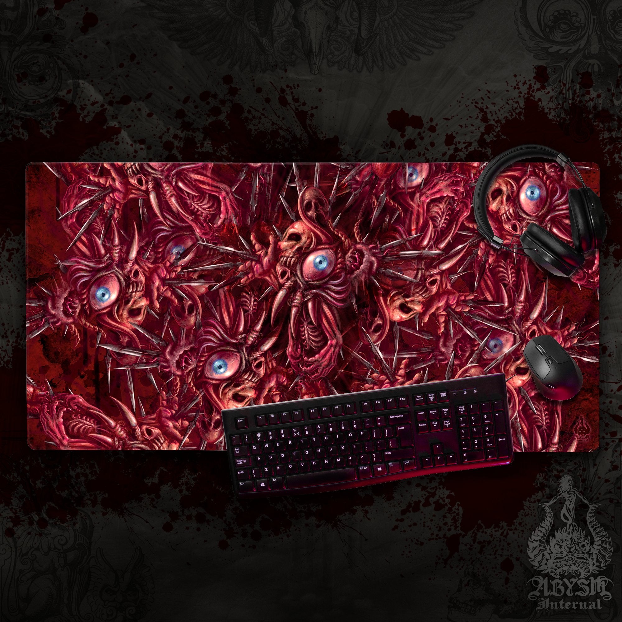 Halloween Desk Mat, Horror Gaming Mouse Pad, Eyeballs Table Protector Cover, Gore and Blood Cross Workpad, Scary Dark Fantasy Art Print - Abysm Internal