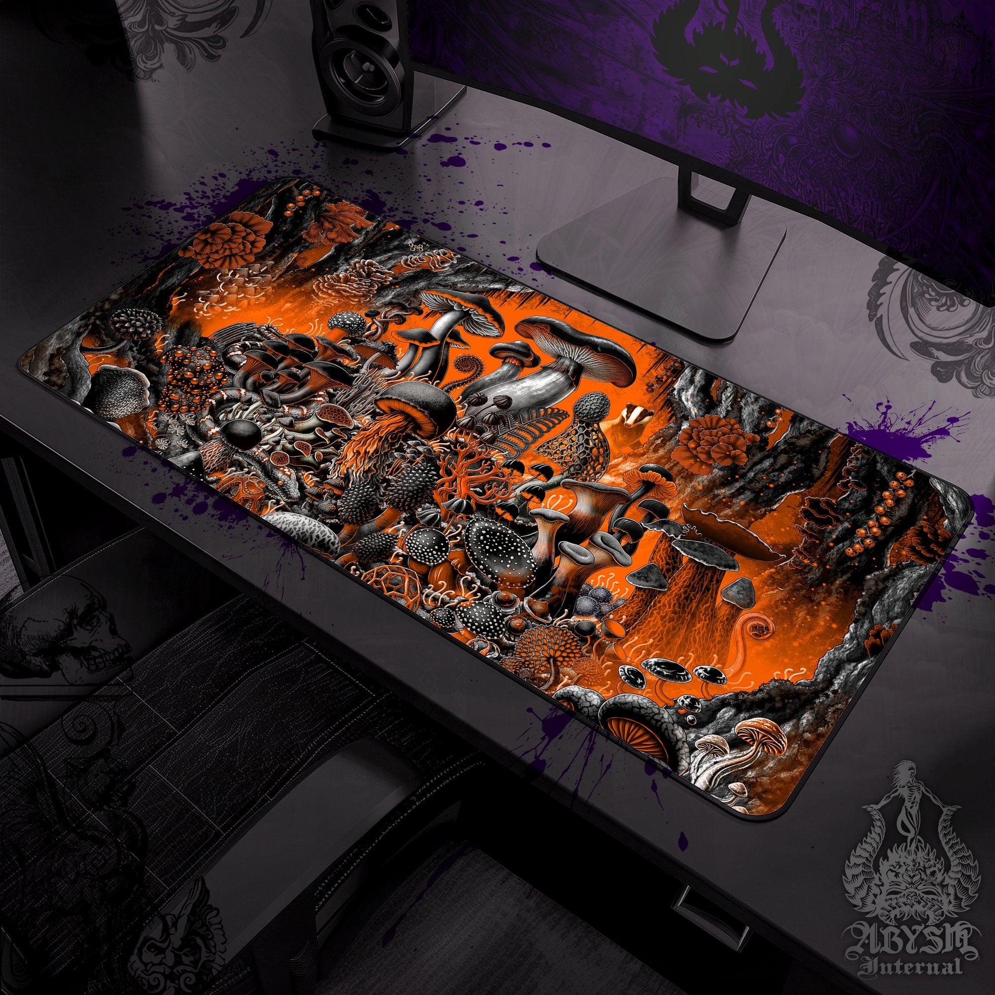 Halloween Desk Mat, Mushrooms Gaming Mouse Pad, Orange Table Protector Cover, Magic Shrooms Workpad - Abysm Internal