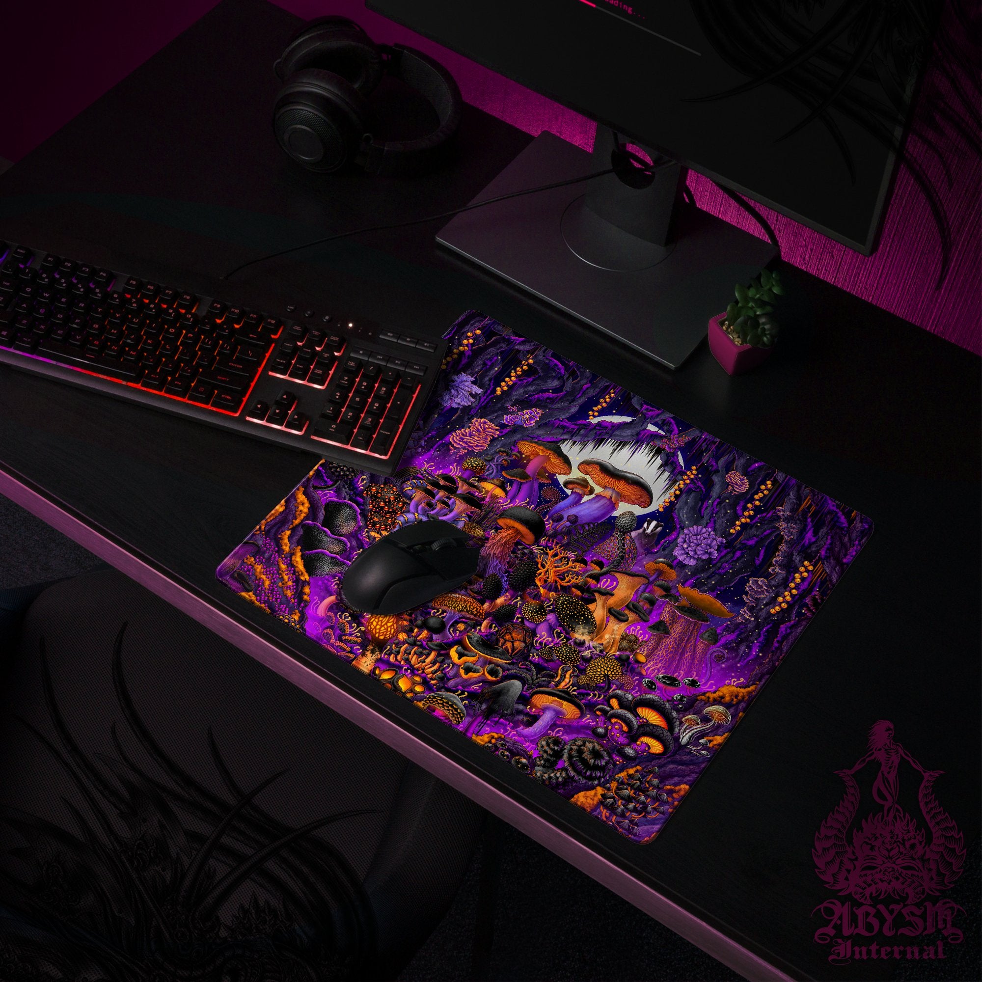 Halloween Gaming Mouse Pad, Purple Mushrooms Desk Mat, Shrooms Table Protector Cover, Magic Workpad - Abysm Internal