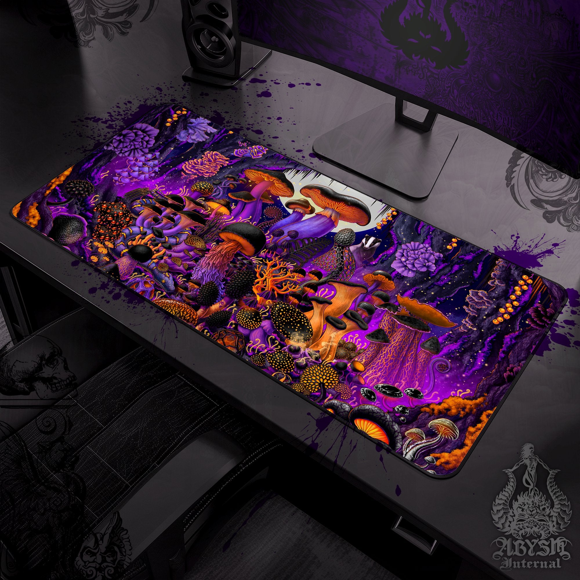 Halloween Gaming Mouse Pad, Purple Mushrooms Desk Mat, Shrooms Table Protector Cover, Magic Workpad - Abysm Internal