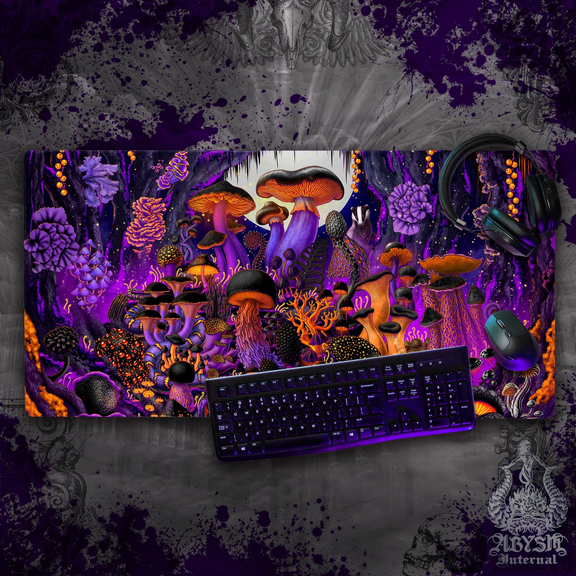 Halloween Gaming Mouse Pad, Purple Mushrooms Desk Mat, Shrooms Table Protector Cover, Magic Workpad - Abysm Internal