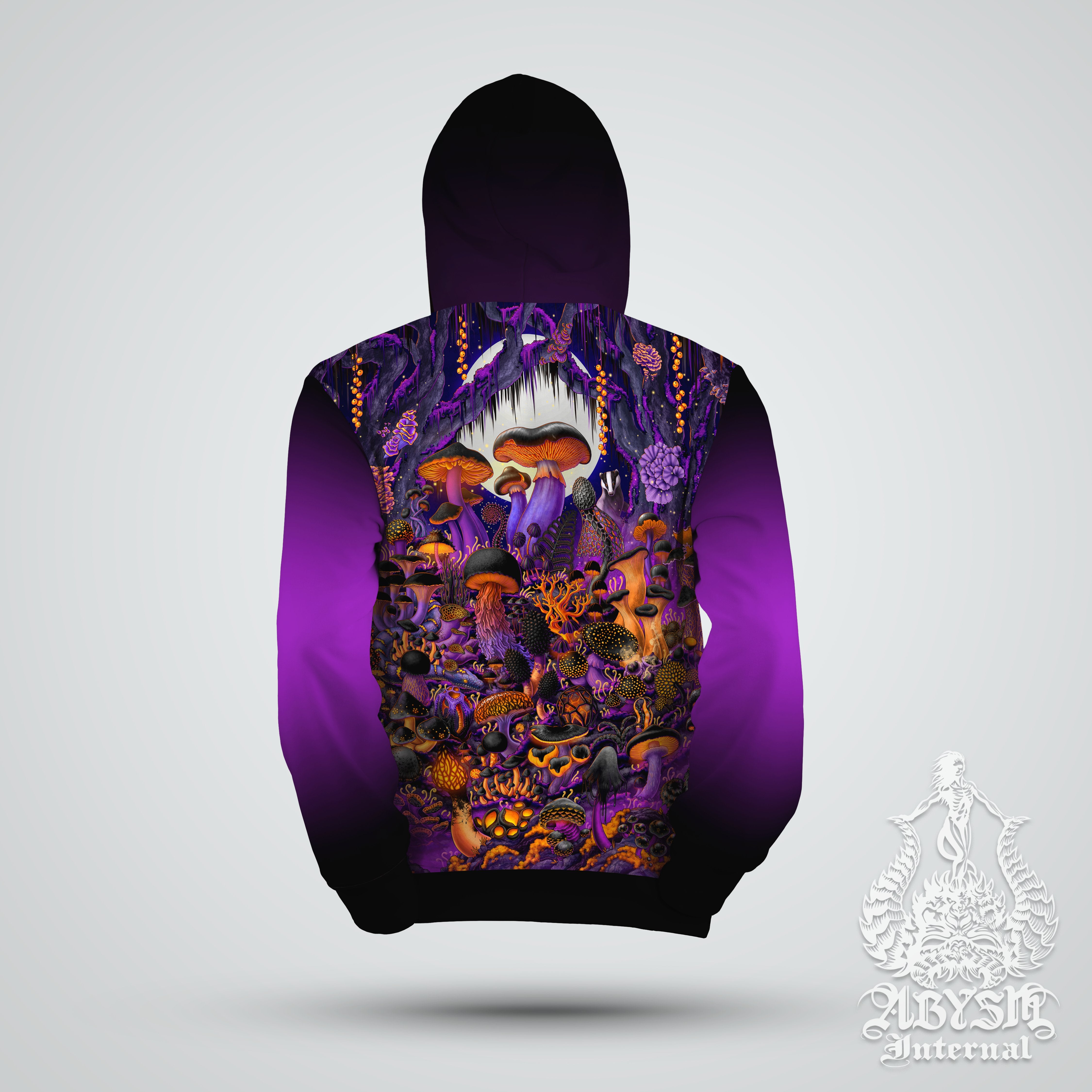 Halloween Hoodie, Whimsigoth Streetwear, Witchy Outfit, Magic Shrooms Pullover, Mushrooms Sweater, Alternative, Unisex - Black and Purple - Abysm Internal