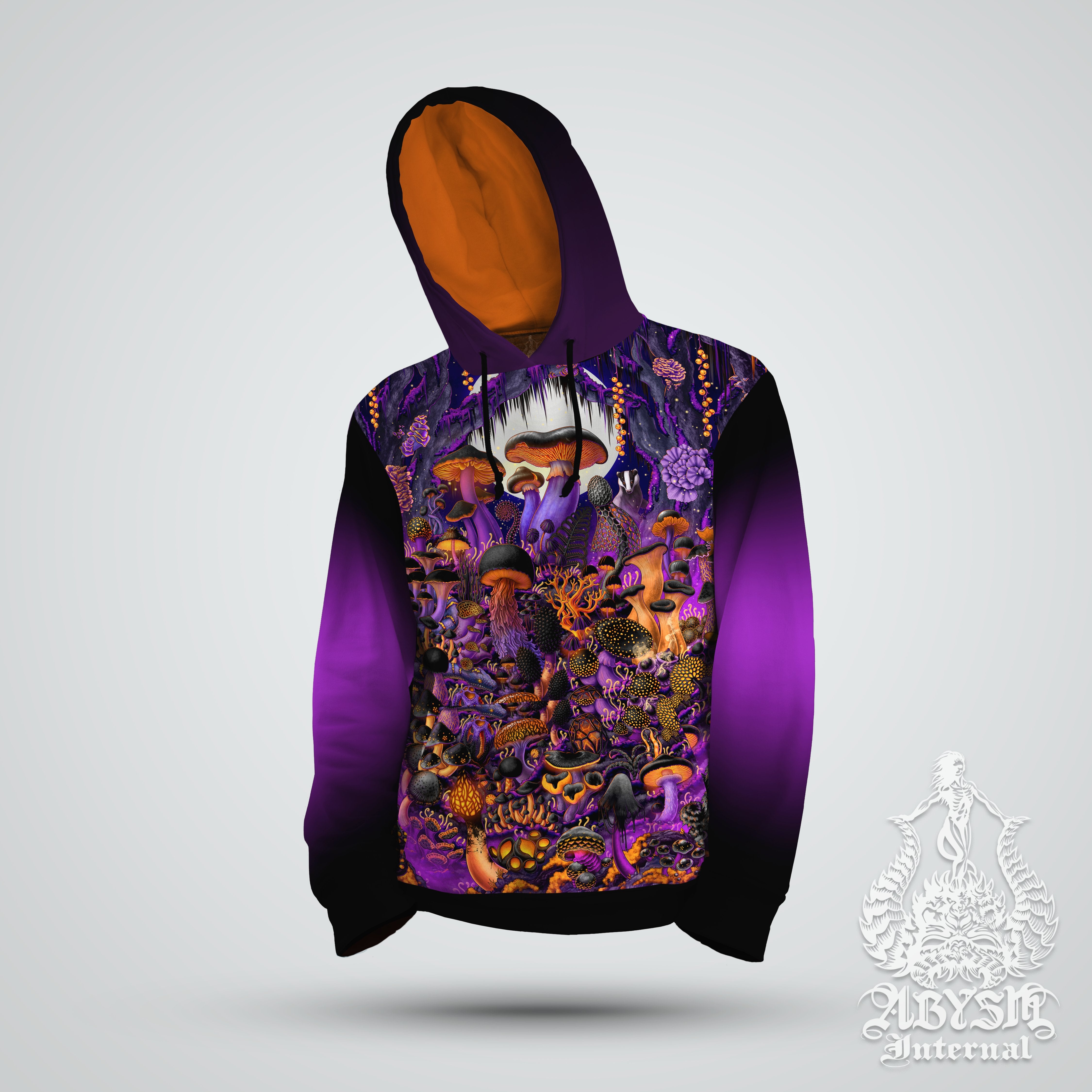 Halloween Hoodie, Whimsigoth Streetwear, Witchy Outfit, Magic Shrooms Pullover, Mushrooms Sweater, Alternative, Unisex - Black and Purple - Abysm Internal