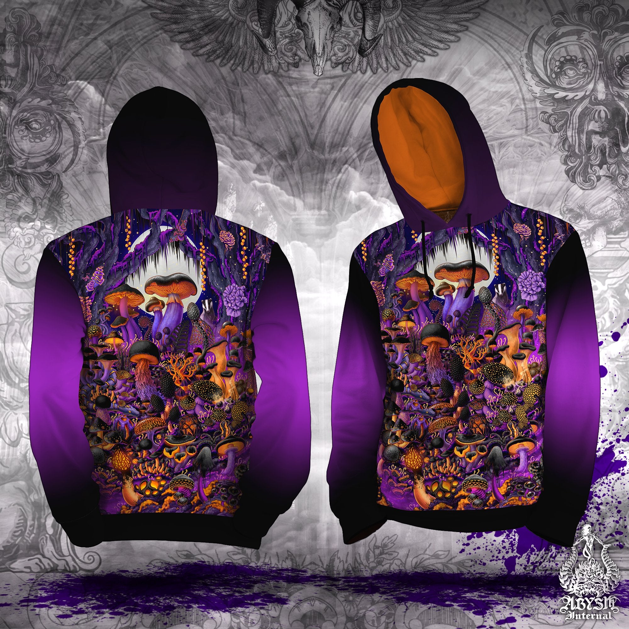 Halloween Hoodie, Whimsigoth Streetwear, Witchy Outfit, Magic Shrooms Pullover, Mushrooms Sweater, Alternative, Unisex - Black and Purple - Abysm Internal