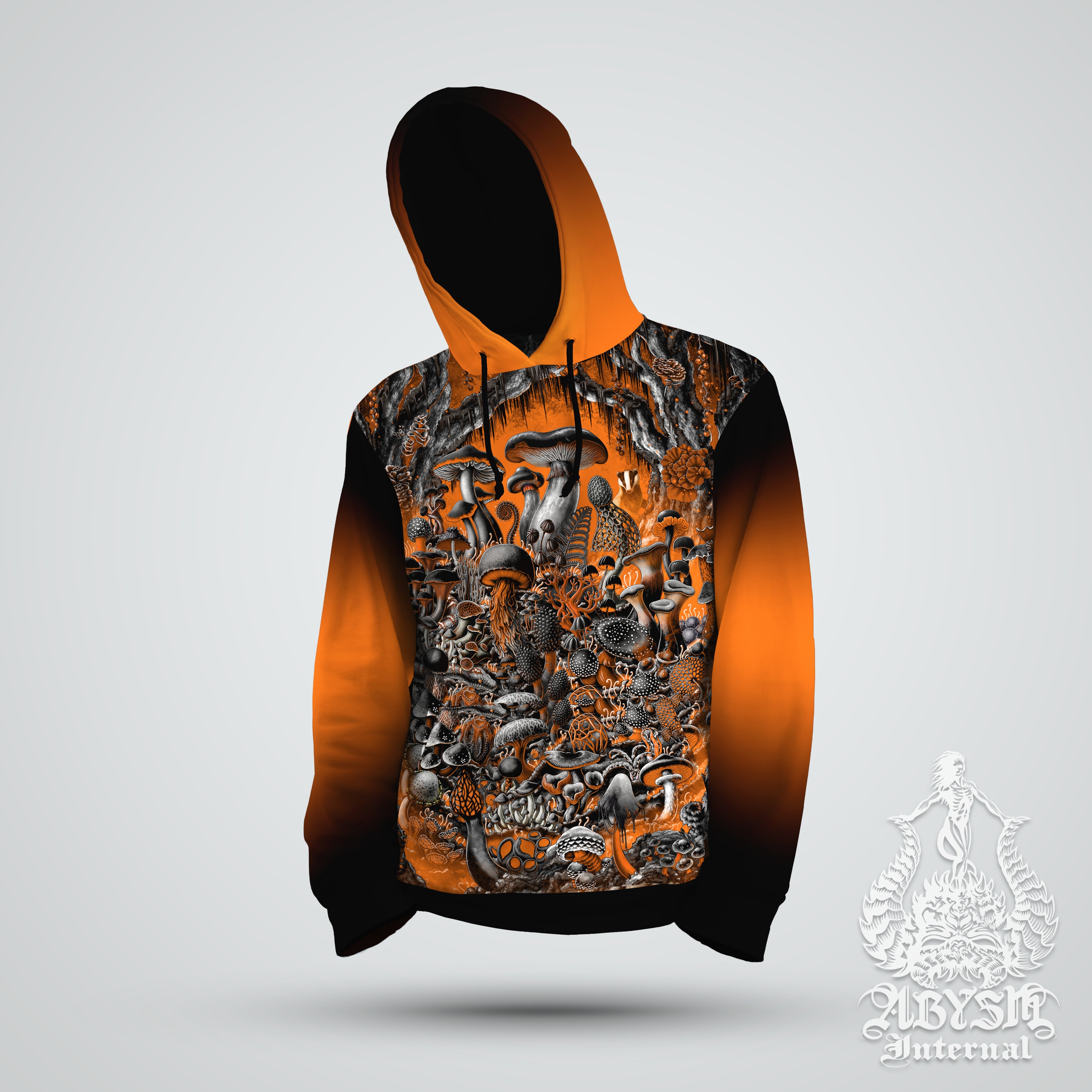 Halloween Hoodie, Whimsigoth Streetwear, Witchy Outfit, Magic Shrooms Sweater, Mushrooms Pullover, Alternative, Unisex - Orange - Abysm Internal