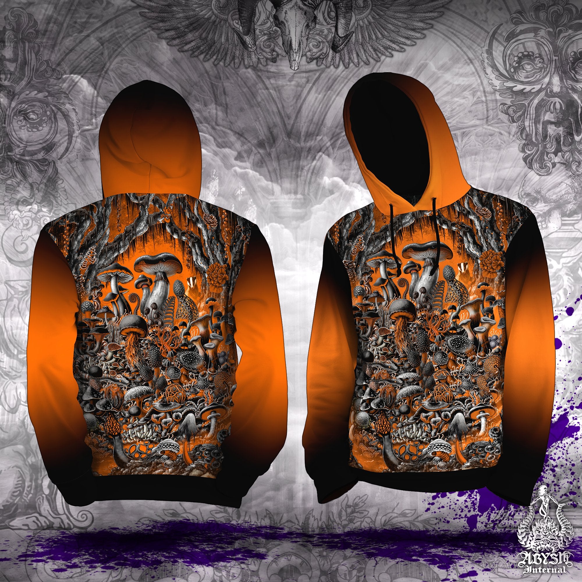 Halloween Hoodie, Whimsigoth Streetwear, Witchy Outfit, Magic Shrooms Sweater, Mushrooms Pullover, Alternative, Unisex - Orange - Abysm Internal