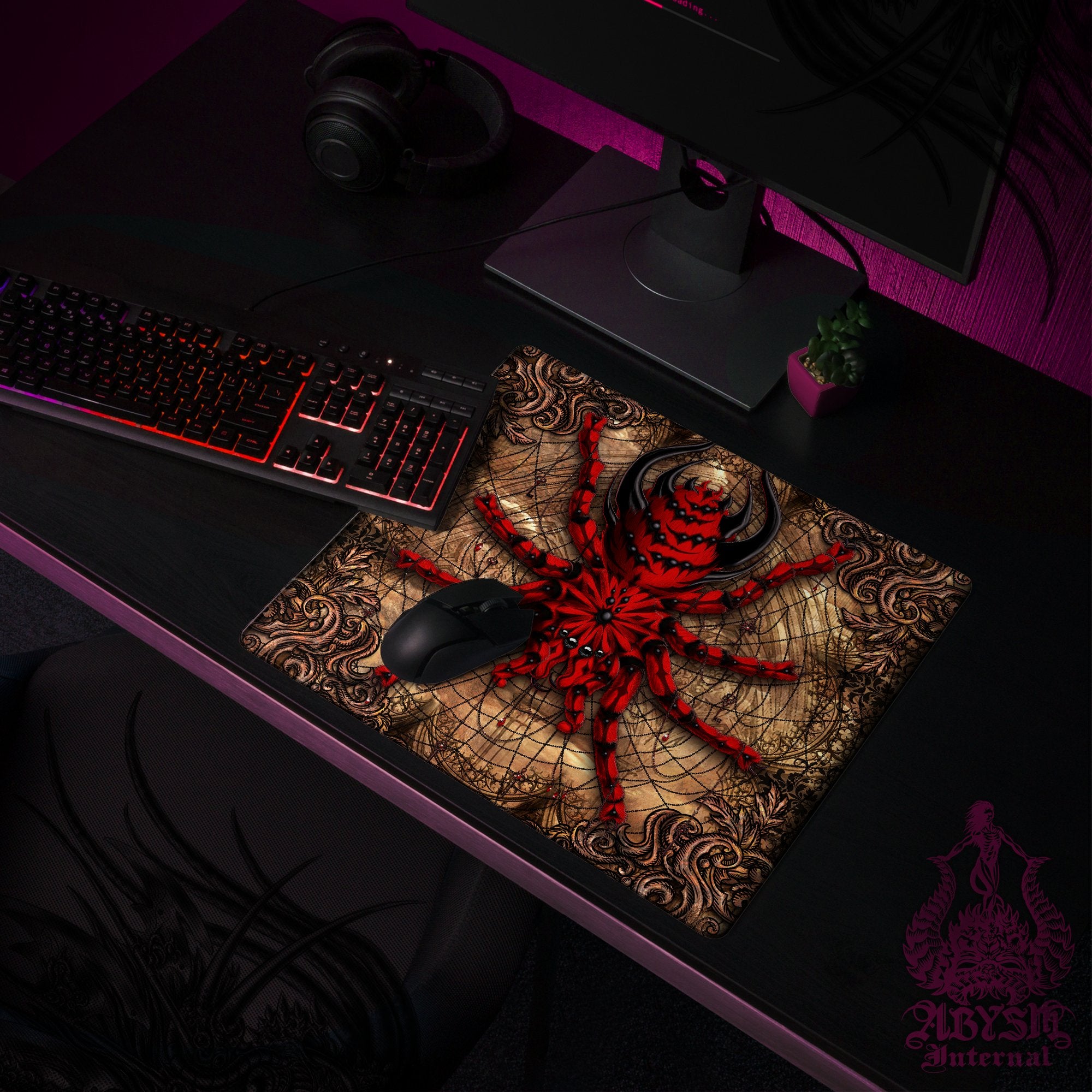 Halloween Mouse Pad, Gothic Gaming Desk Mat, Horror Tarantula Workpad, Gamer Table Protector Cover, Spider Art Print - 2 Colors - Abysm Internal