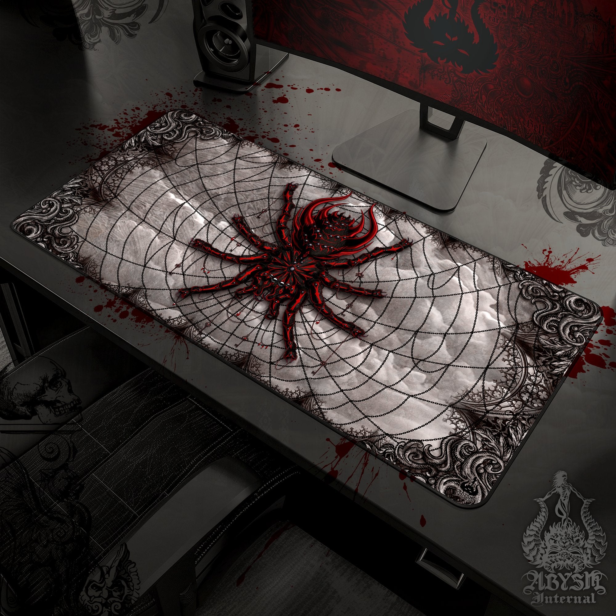 Halloween Mouse Pad, Gothic Gaming Desk Mat, Horror Tarantula Workpad, Gamer Table Protector Cover, Spider Art Print - 2 Colors - Abysm Internal