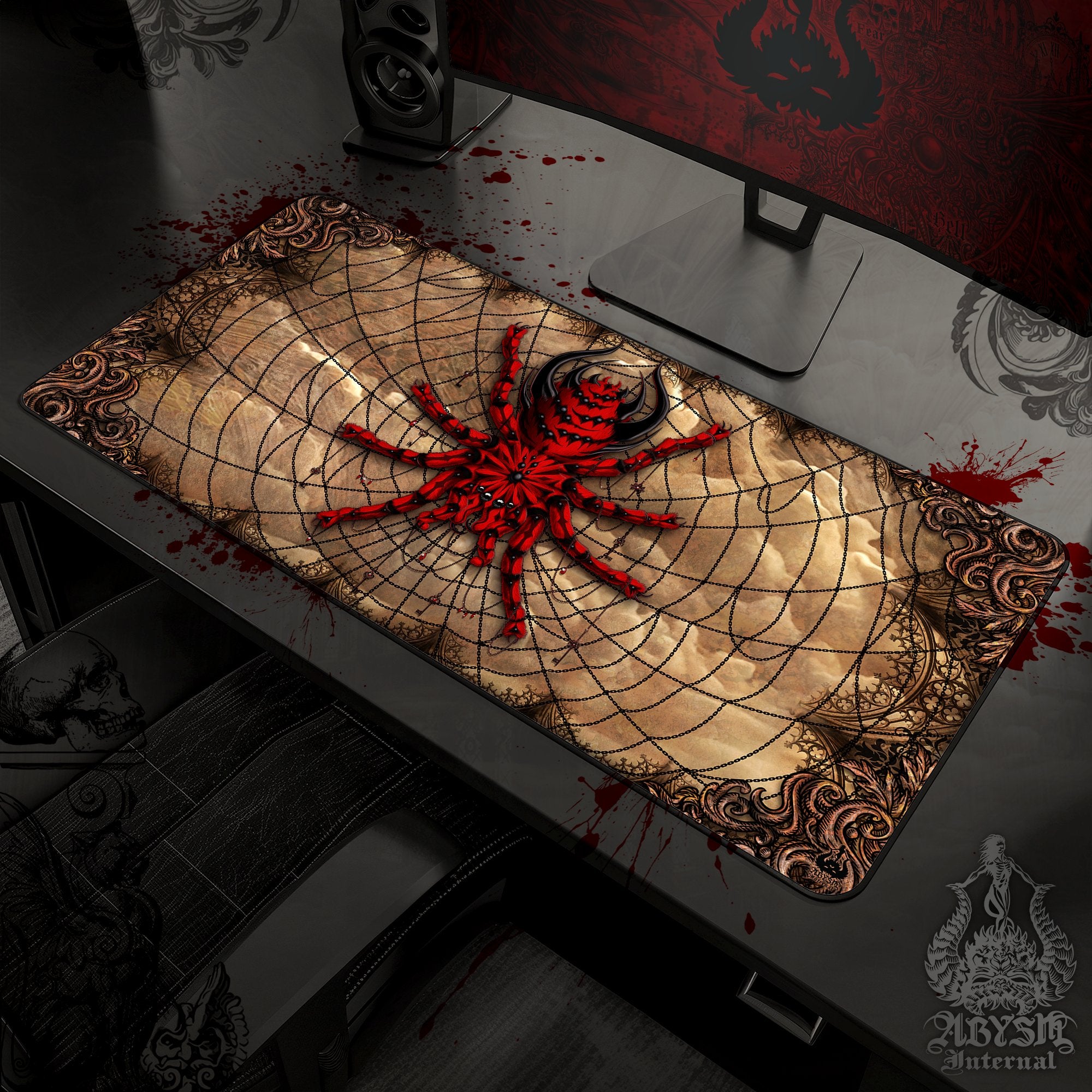 Halloween Mouse Pad, Gothic Gaming Desk Mat, Horror Tarantula Workpad, Gamer Table Protector Cover, Spider Art Print - 2 Colors - Abysm Internal