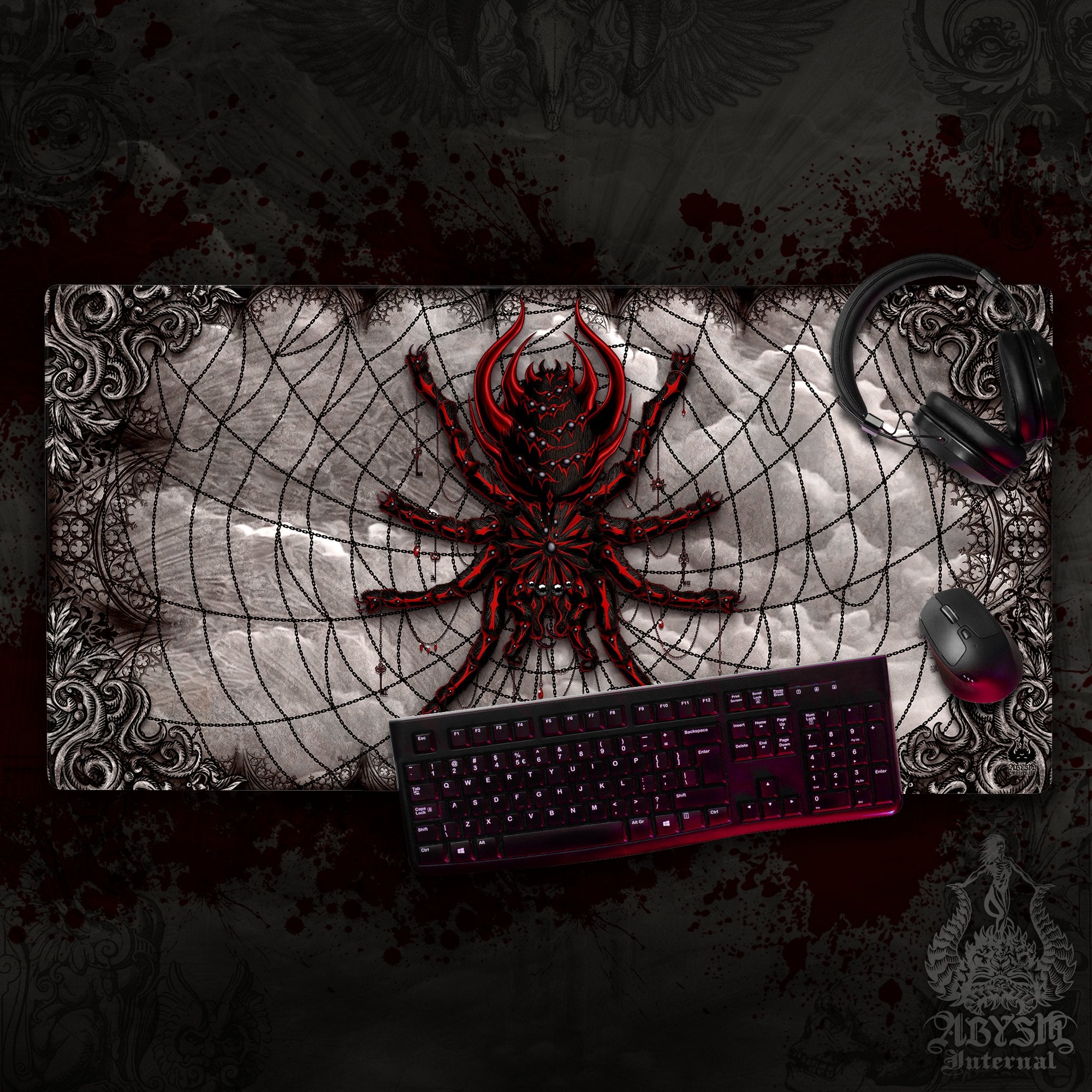 Halloween Mouse Pad, Gothic Gaming Desk Mat, Horror Tarantula Workpad, Gamer Table Protector Cover, Spider Art Print - 2 Colors - Abysm Internal