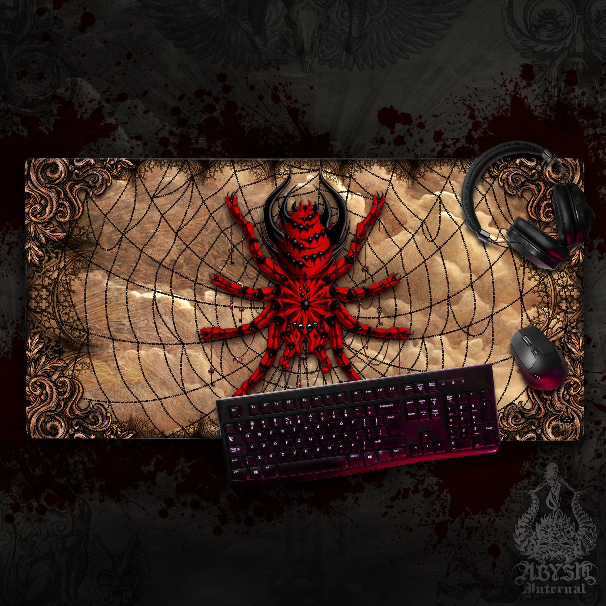 Halloween Mouse Pad, Gothic Gaming Desk Mat, Horror Tarantula Workpad, Gamer Table Protector Cover, Spider Art Print - 2 Colors - Abysm Internal