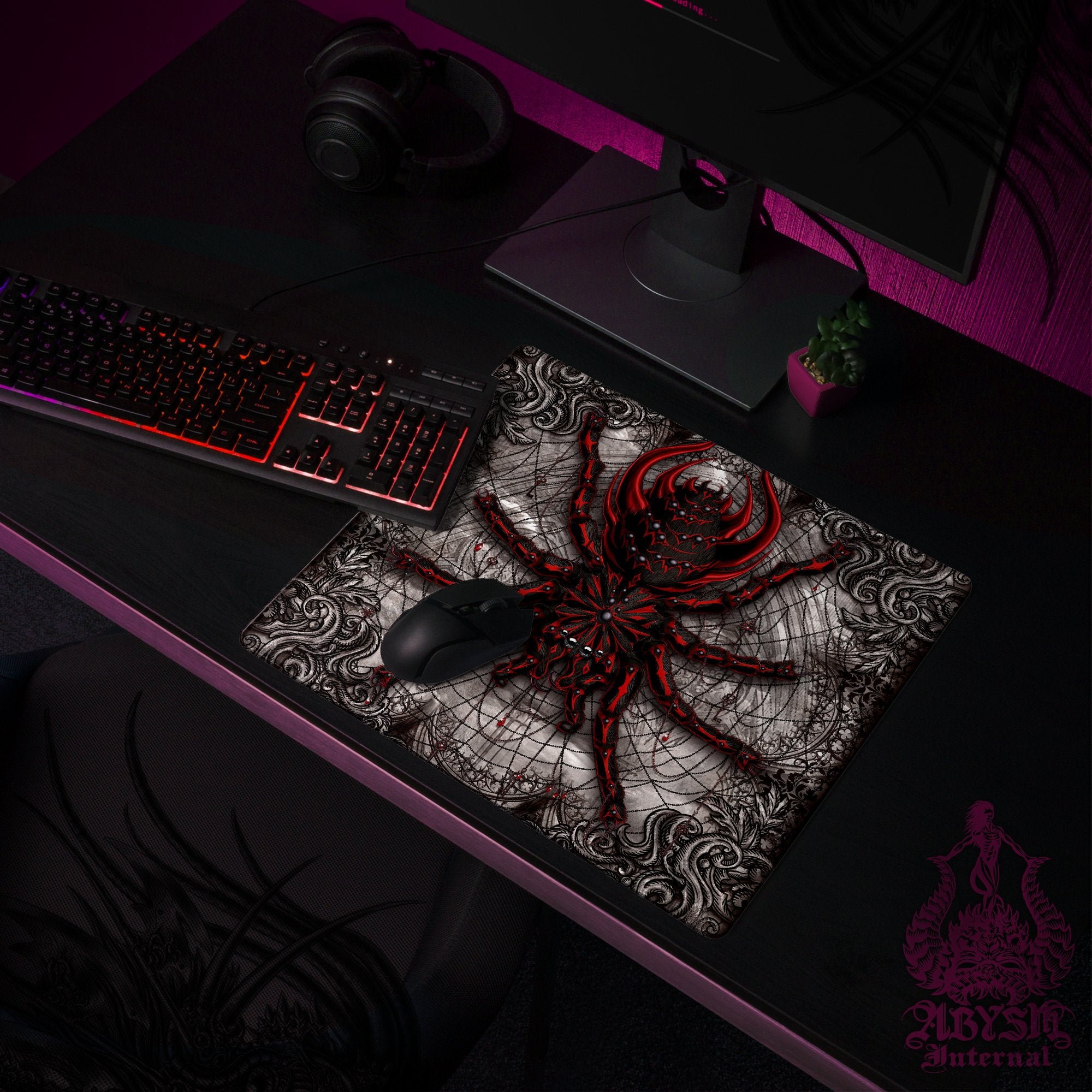 Halloween Mouse Pad, Gothic Gaming Desk Mat, Horror Tarantula Workpad, Gamer Table Protector Cover, Spider Art Print - 2 Colors - Abysm Internal