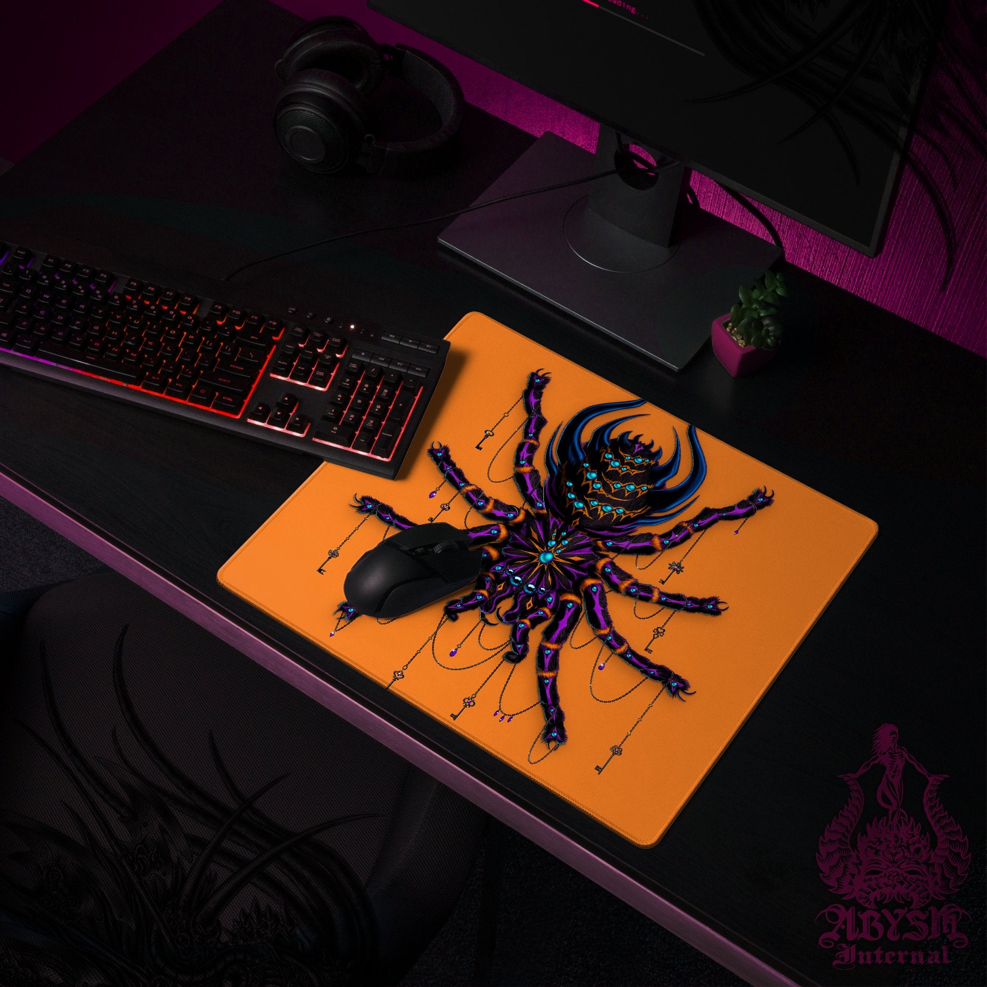 Halloween Mouse Pad, Neon Goth Gaming Desk Mat, Spider Workpad, Gamer Table Protector Cover, Tarantula Art Print - Abysm Internal