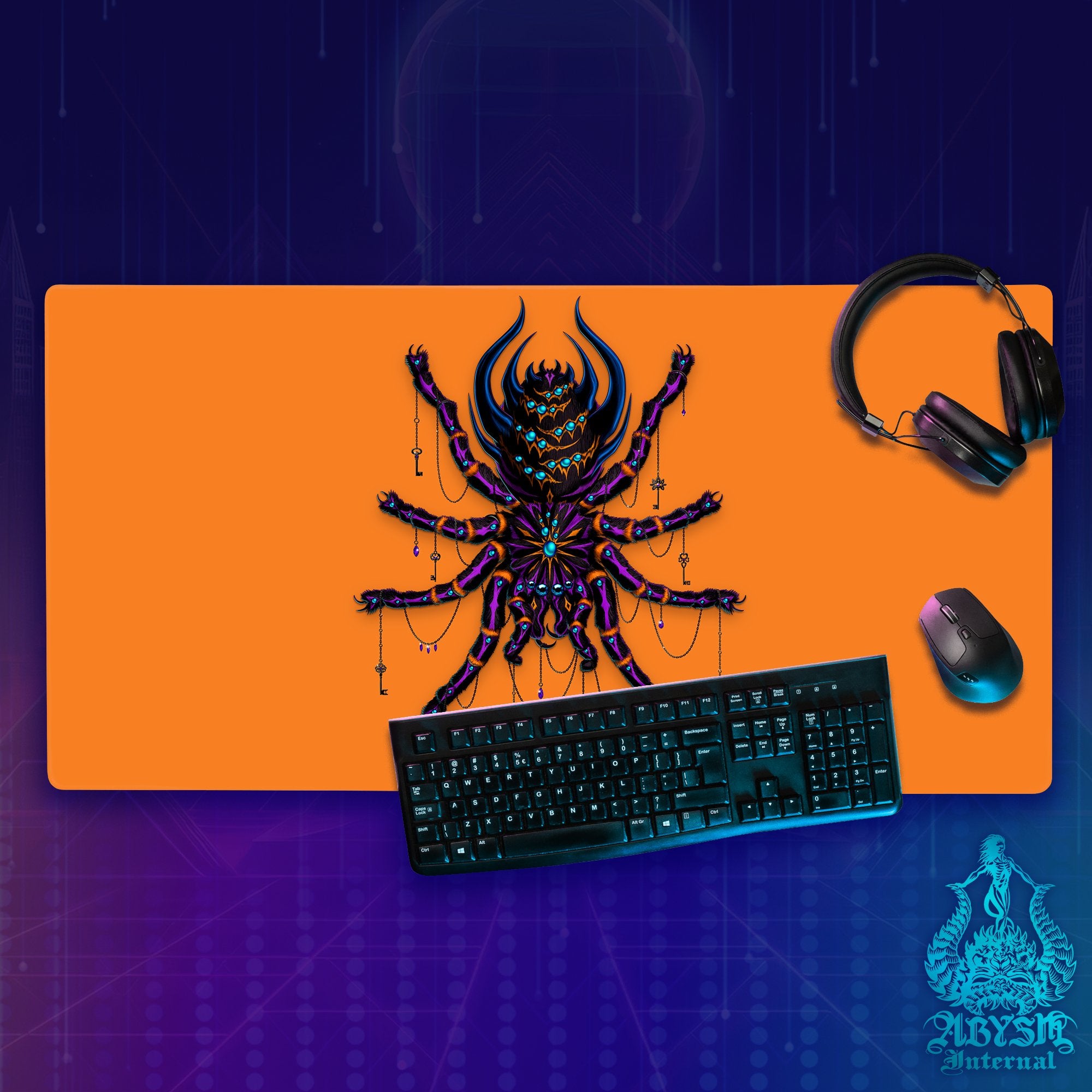 Halloween Mouse Pad, Neon Goth Gaming Desk Mat, Spider Workpad, Gamer Table Protector Cover, Tarantula Art Print - Abysm Internal