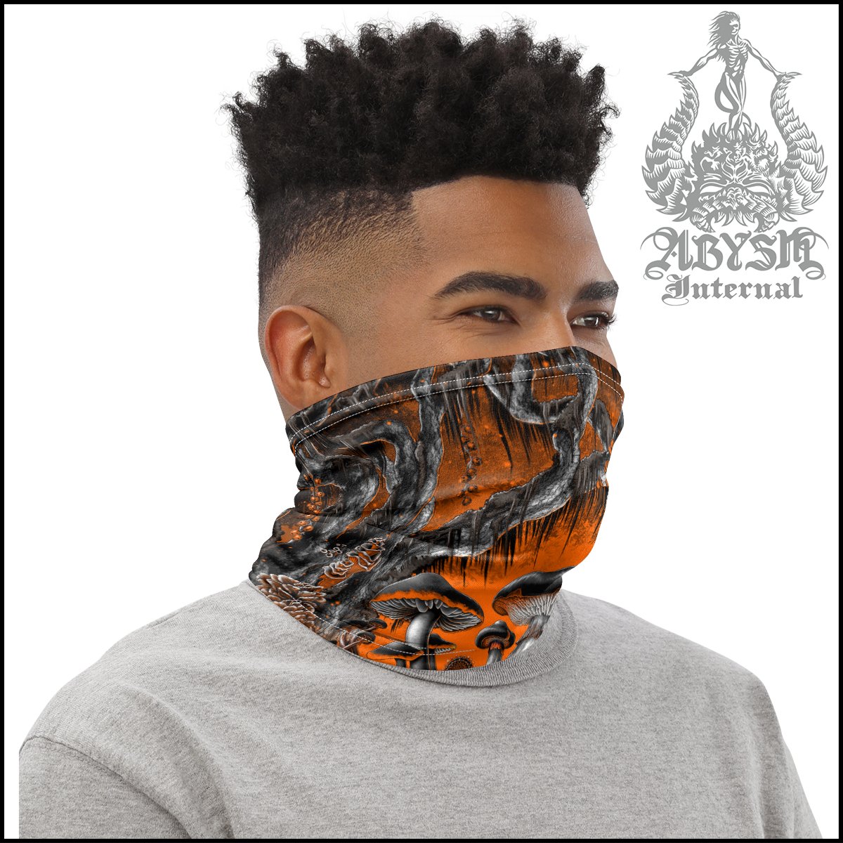 Halloween Neck Gaiter, Mushrooms Face Mask, Orange Printed Head Covering, Magic Shrooms Art Gift, Indie Festival Outfit - Abysm Internal