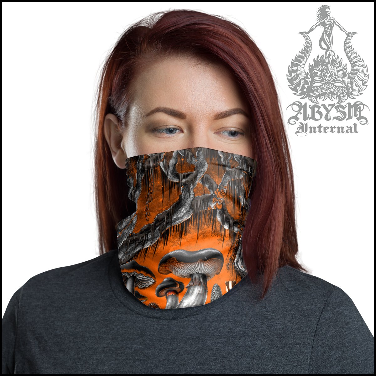 Halloween Neck Gaiter, Mushrooms Face Mask, Orange Printed Head Covering, Magic Shrooms Art Gift, Indie Festival Outfit - Abysm Internal