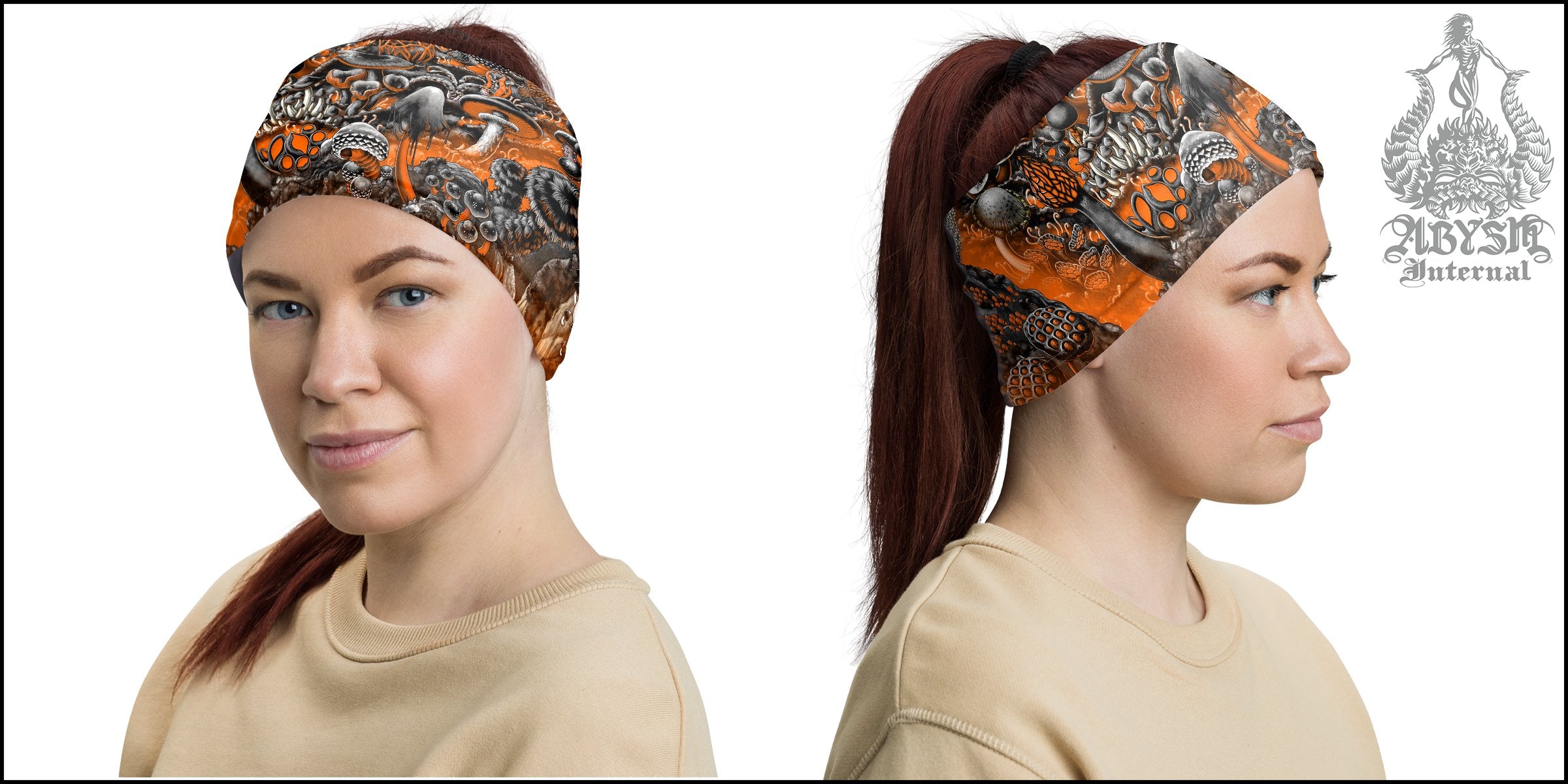 Halloween Neck Gaiter, Mushrooms Face Mask, Orange Printed Head Covering, Magic Shrooms Art Gift, Indie Festival Outfit - Abysm Internal