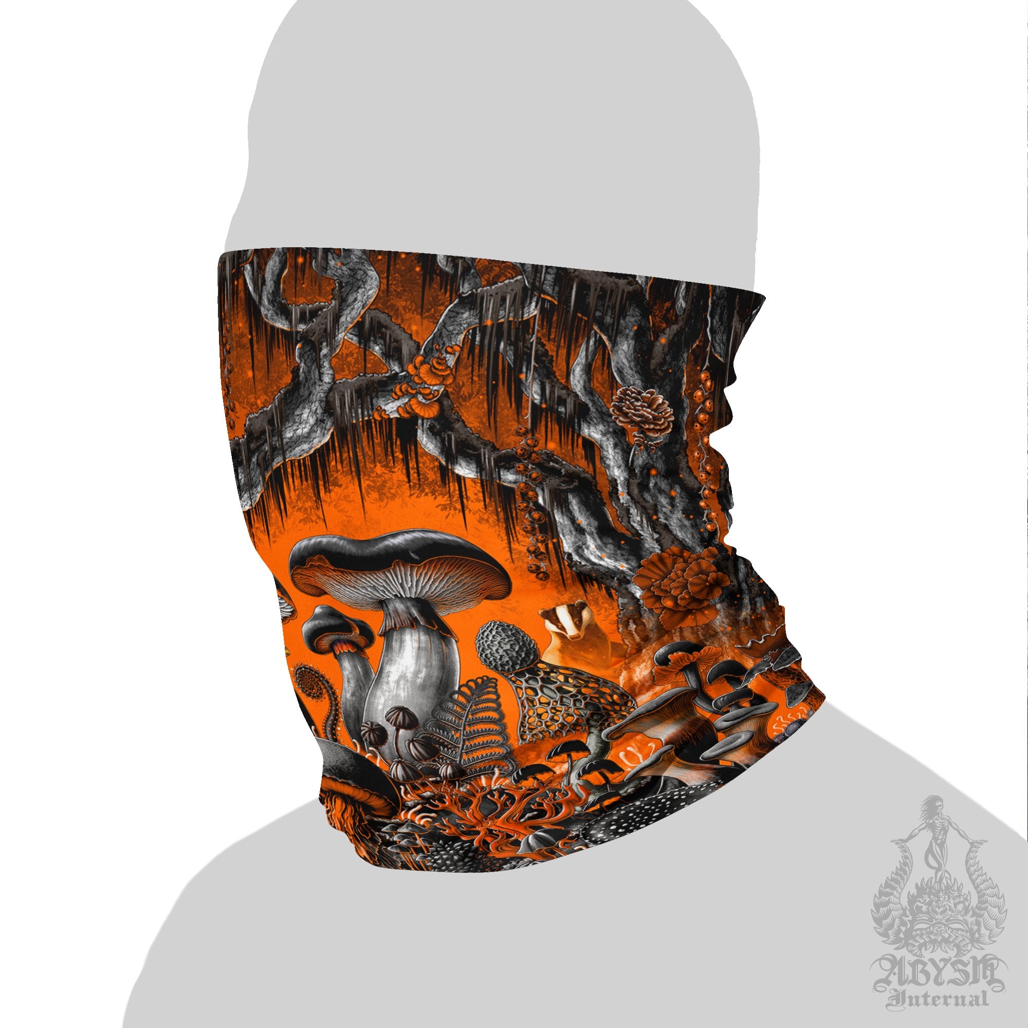 Halloween Neck Gaiter, Mushrooms Face Mask, Orange Printed Head Covering, Magic Shrooms Art Gift, Indie Festival Outfit - Abysm Internal