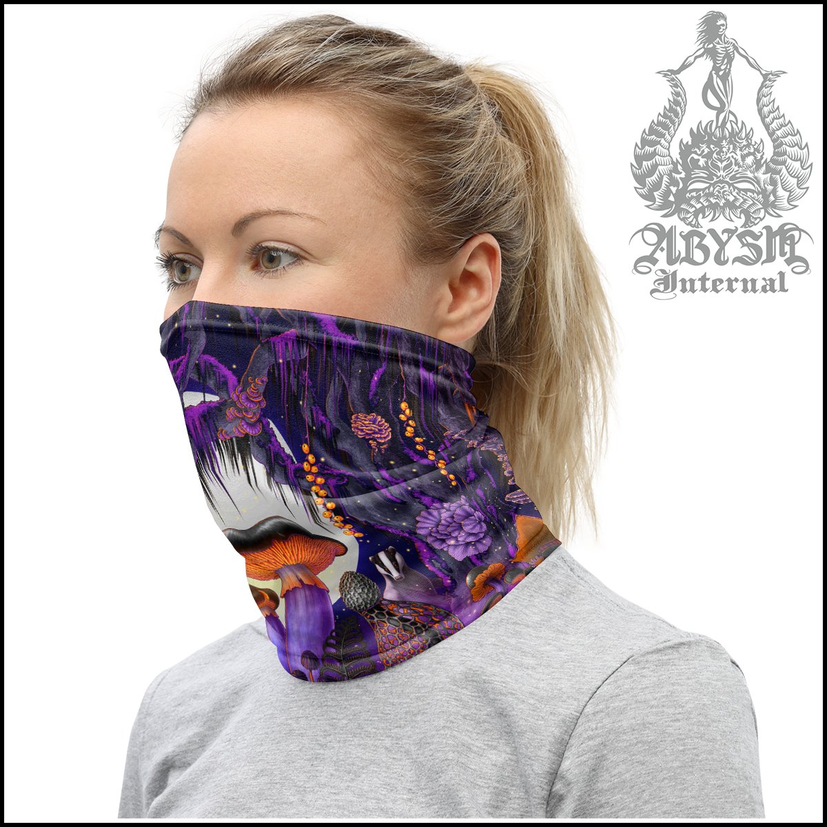 Halloween Neck Gaiter, Purple Mushrooms Face Mask, Whimsigoth Printed Head Covering, Magic Shrooms Art Gift, Indie Festival Outfit - Abysm Internal